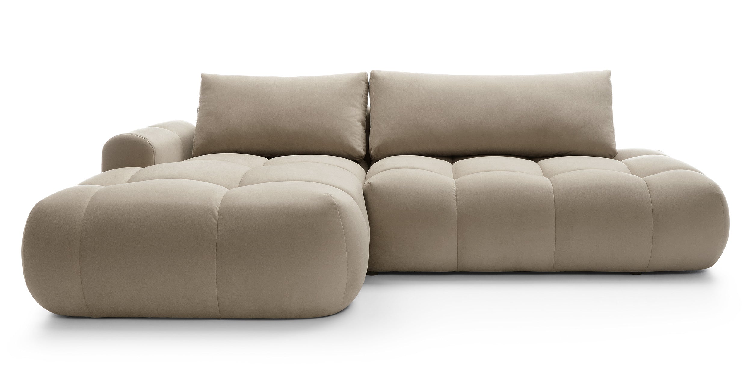 Ecksofa mit Schlaffunktion Ombo, L-förmig, mit Stauraum, beige, hydrophobes Samtmaterial, linksseitig