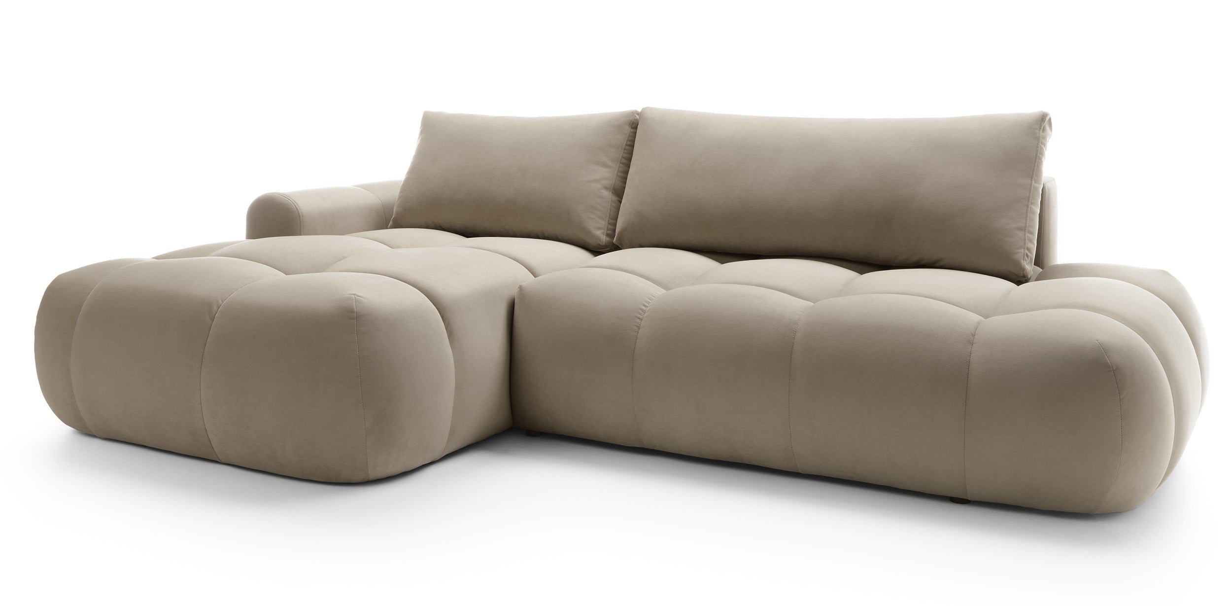 Ecksofa mit Schlaffunktion Ombo, L-förmig, mit Stauraum, beige, hydrophobes Samtmaterial, linksseitig