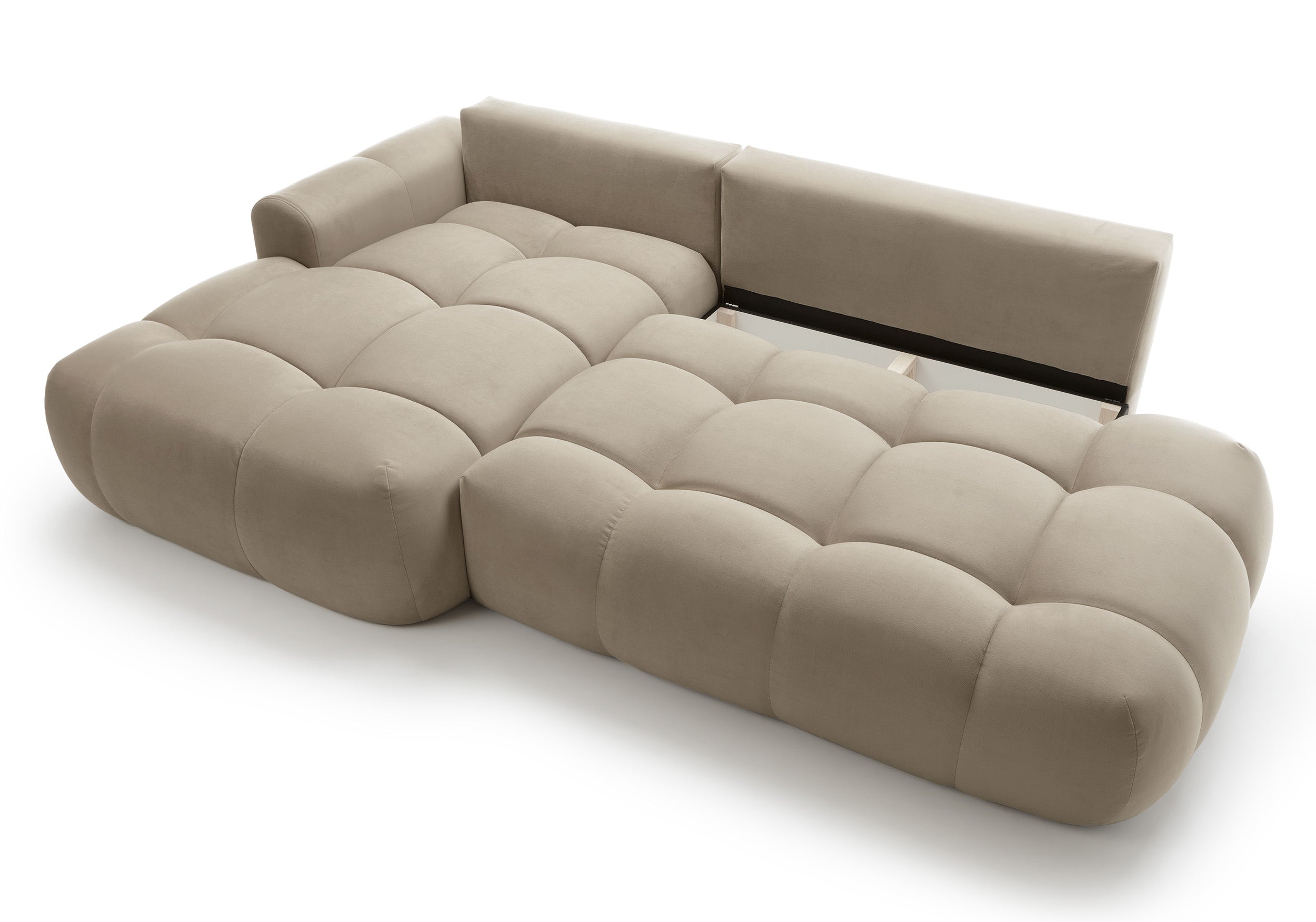 Ecksofa mit Schlaffunktion Ombo, L-förmig, mit Stauraum, beige, hydrophobes Samtmaterial, linksseitig