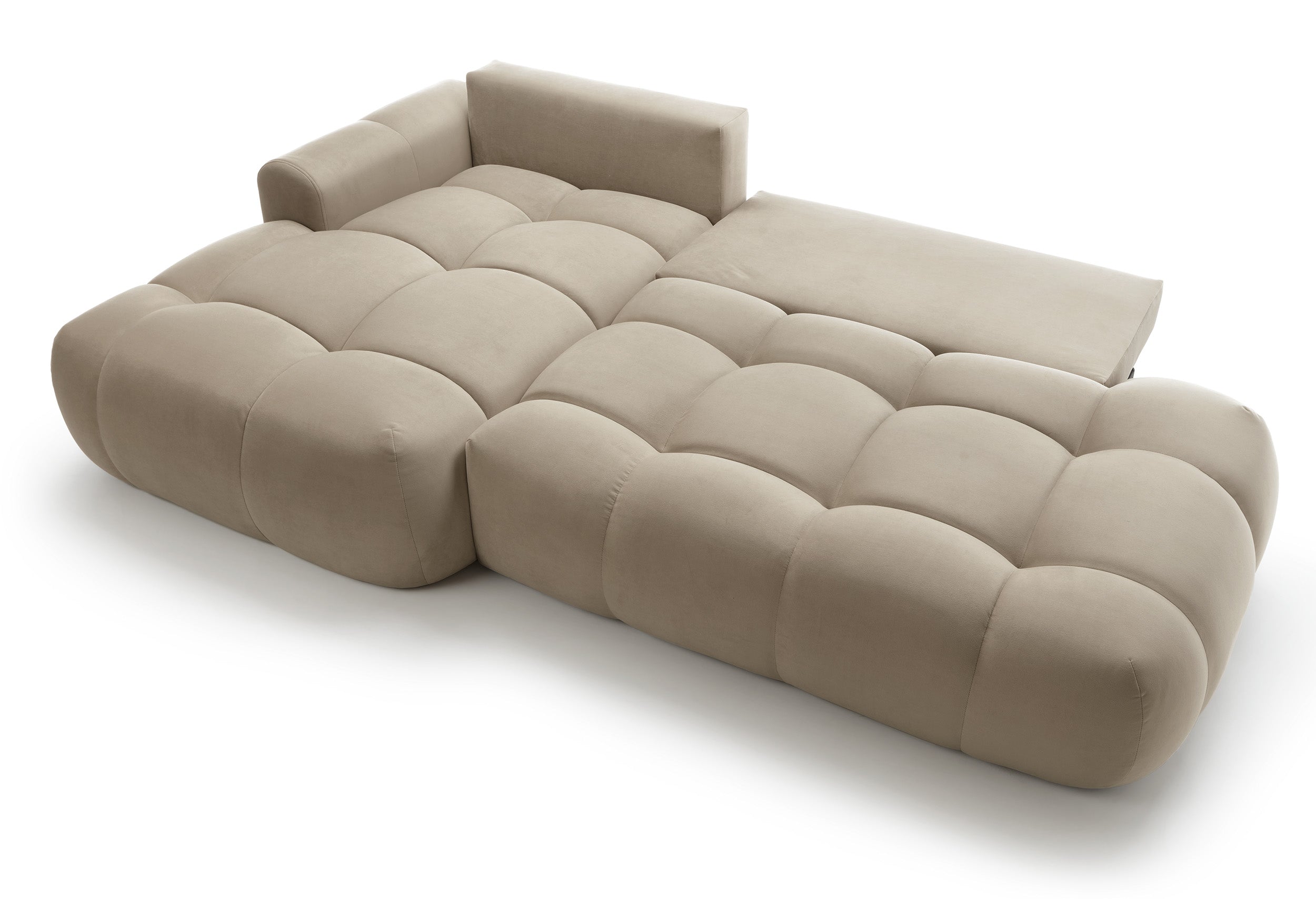 Ecksofa mit Schlaffunktion Ombo, L-förmig, mit Stauraum, beige, hydrophobes Samtmaterial, linksseitig
