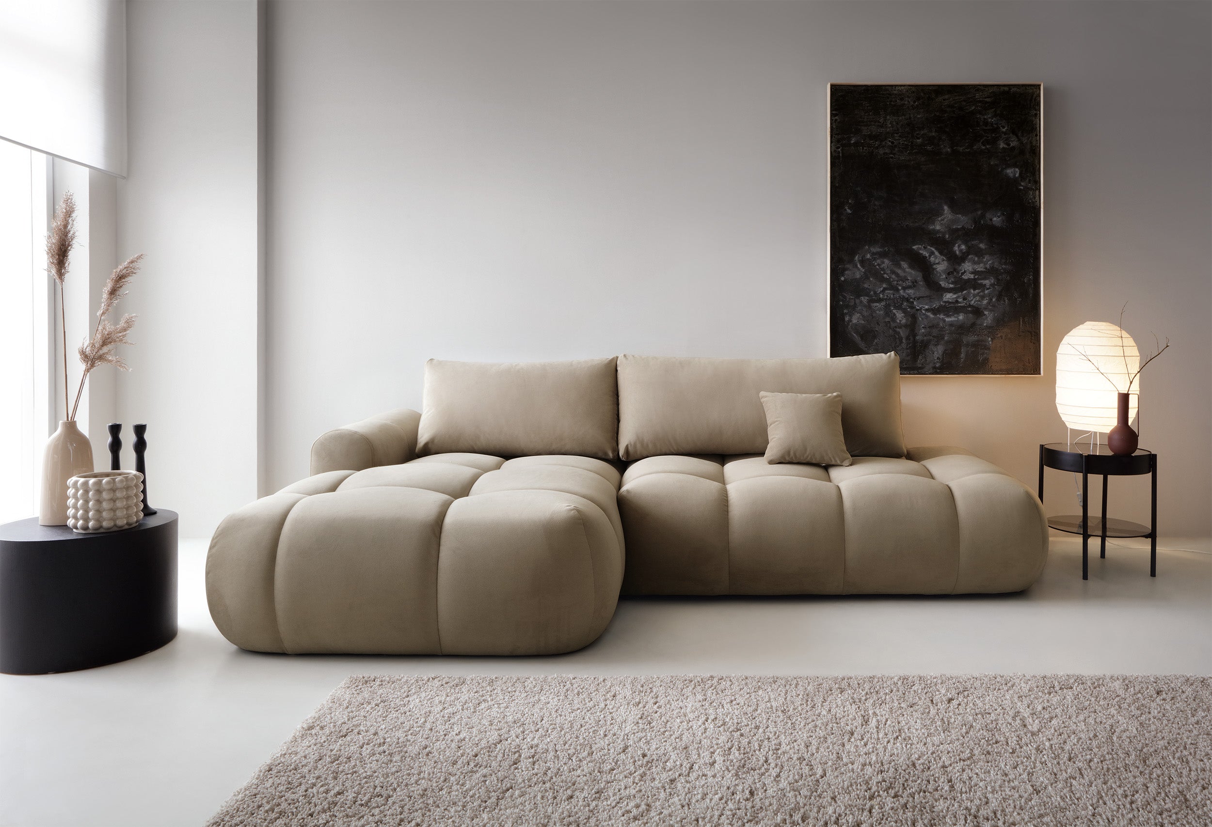 Ecksofa mit Schlaffunktion Ombo, L-förmig, mit Stauraum, beige, hydrophobes Samtmaterial, linksseitig