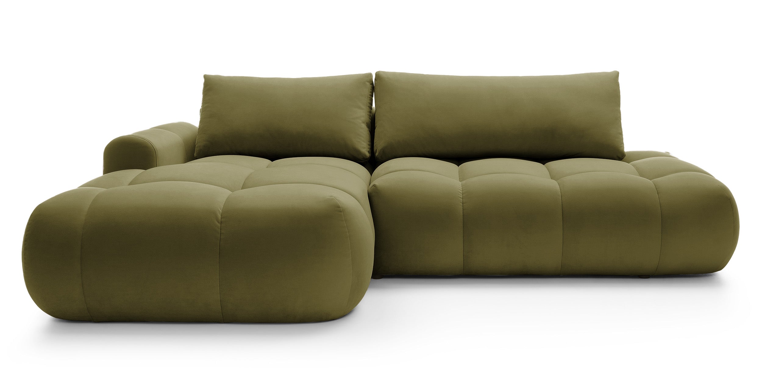 Ecksofa mit Schlaffunktion Ombo, L-förmig, mit Stauraum, olivgrüner hydrophober Samt, linksseitig