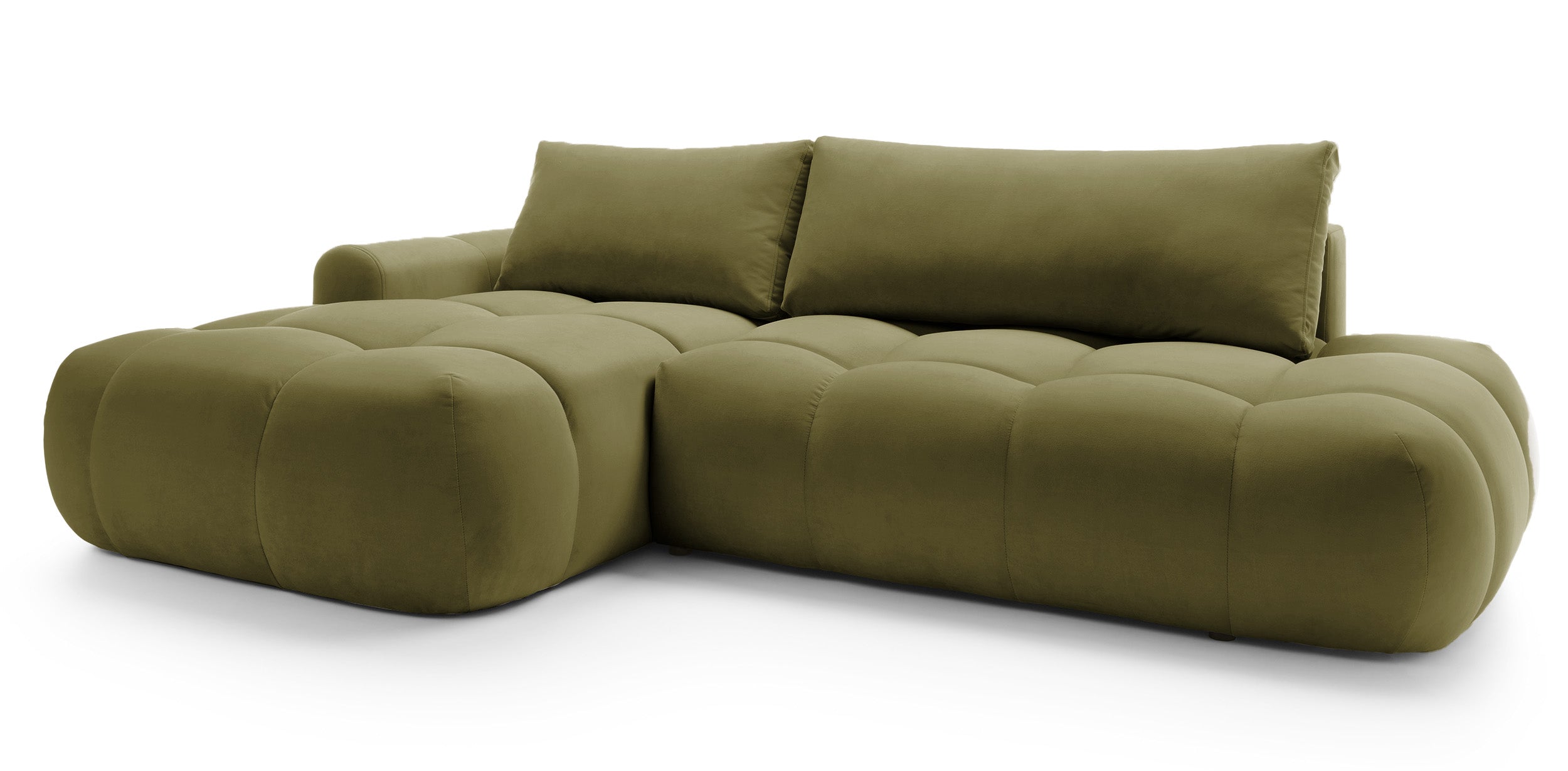 Ecksofa mit Schlaffunktion Ombo, L-förmig, mit Stauraum, olivgrüner hydrophober Samt, linksseitig