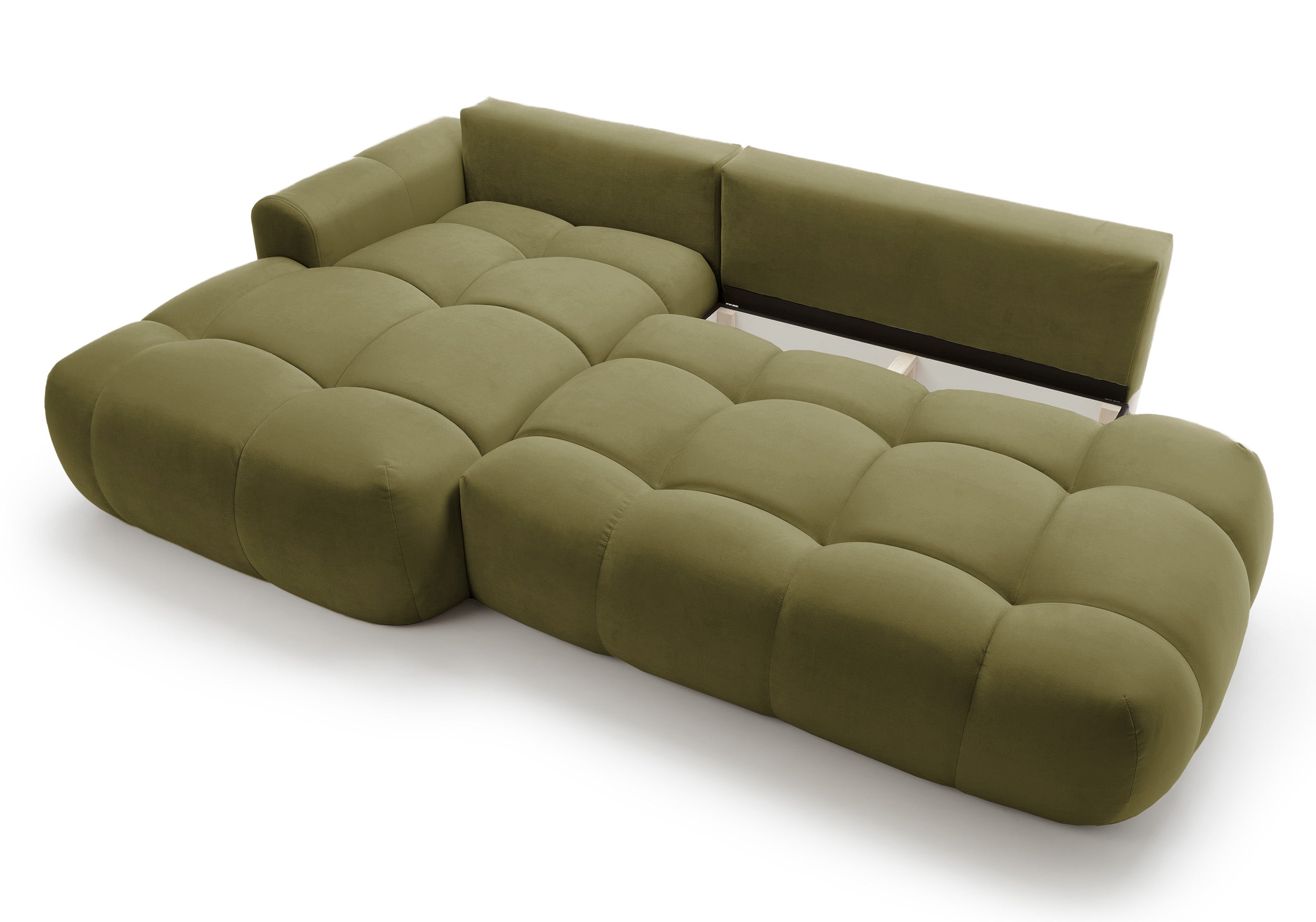 Ecksofa mit Schlaffunktion Ombo, L-förmig, mit Stauraum, olivgrüner hydrophober Samt, linksseitig