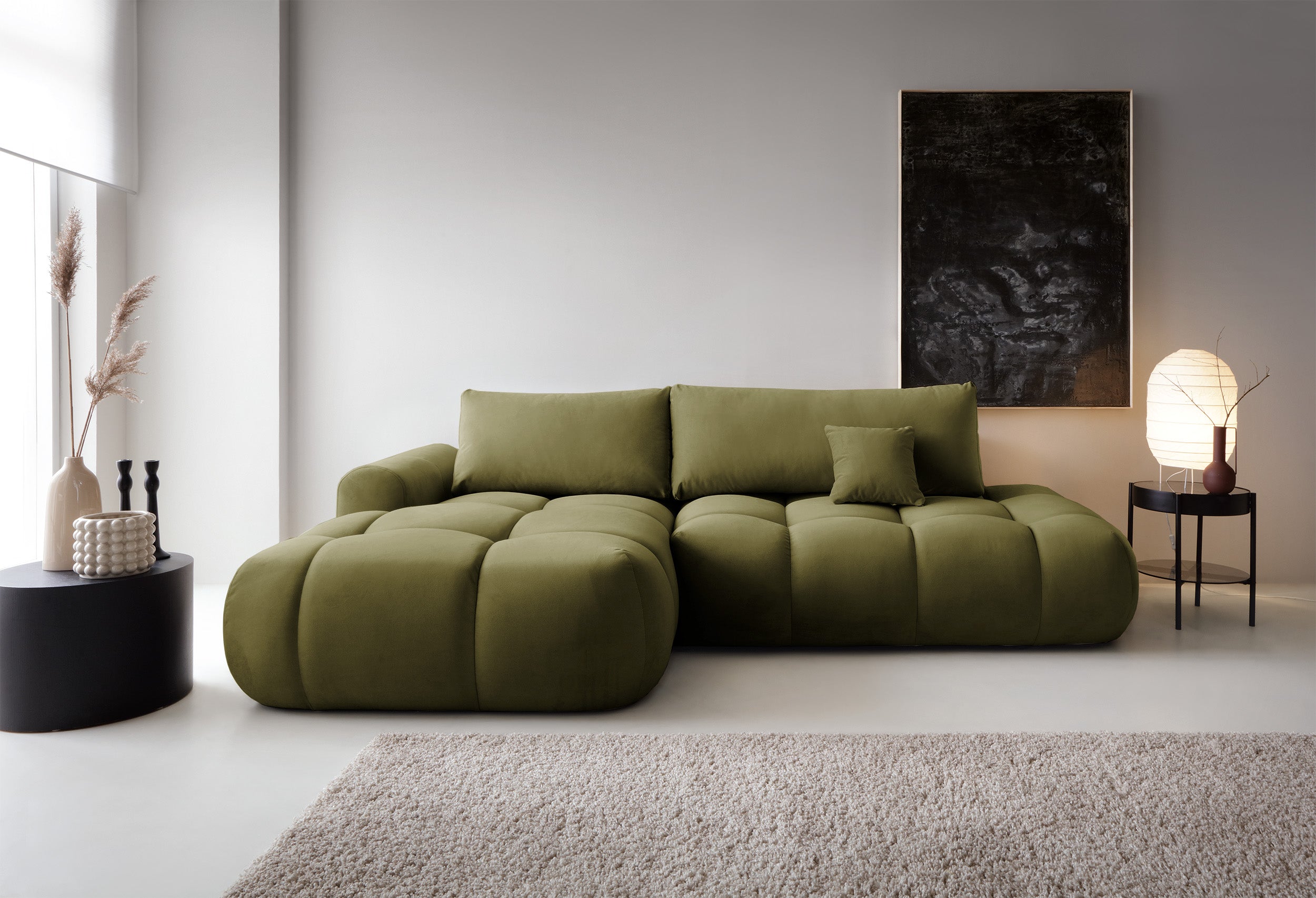 Ecksofa mit Schlaffunktion Ombo, L-förmig, mit Stauraum, olivgrüner hydrophober Samt, linksseitig