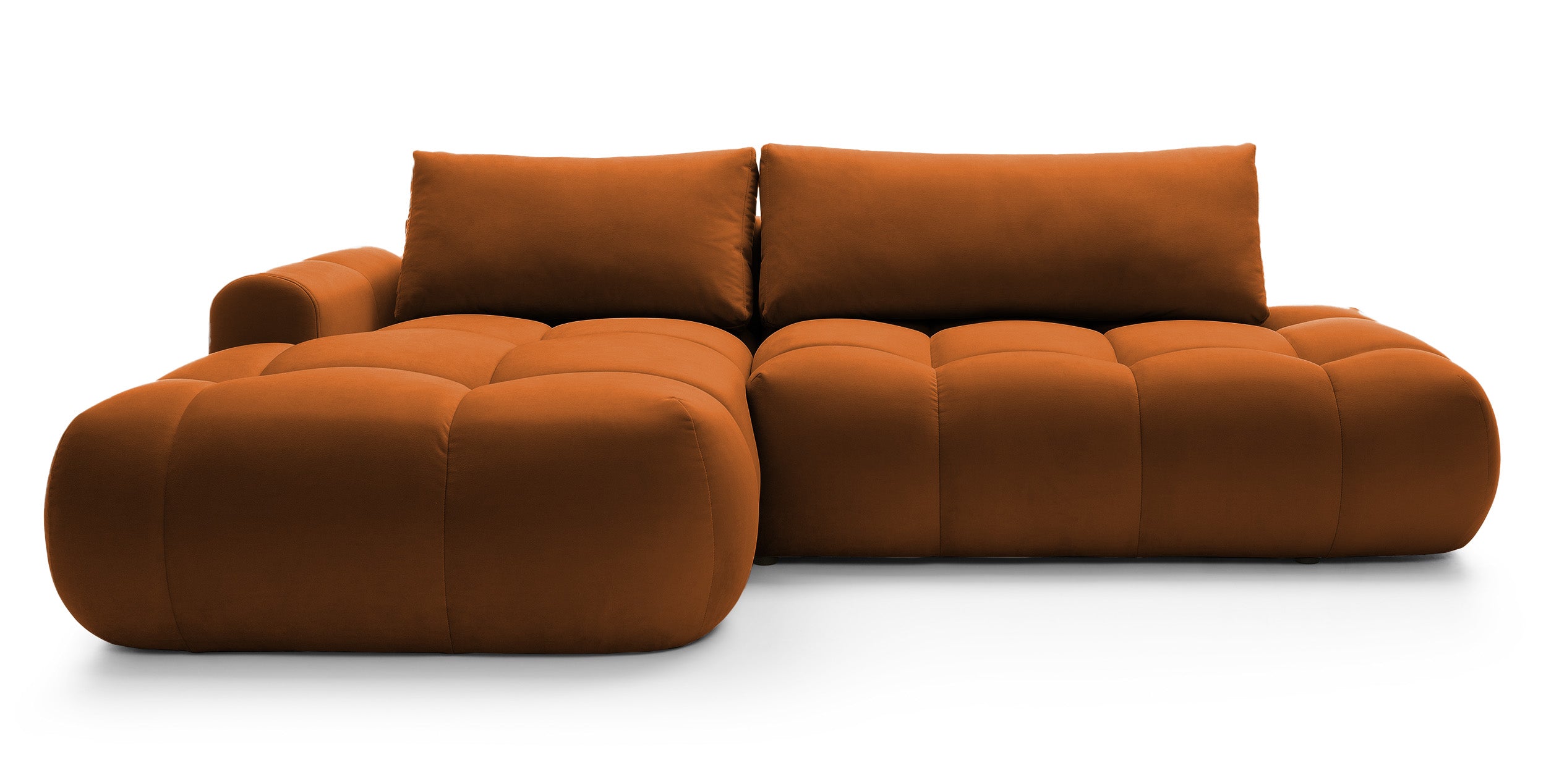 Ecksofa mit Schlaffunktion Ombo, L-förmig, mit Stauraum, kupferfarbener, hydrophober Samt, linksseitig