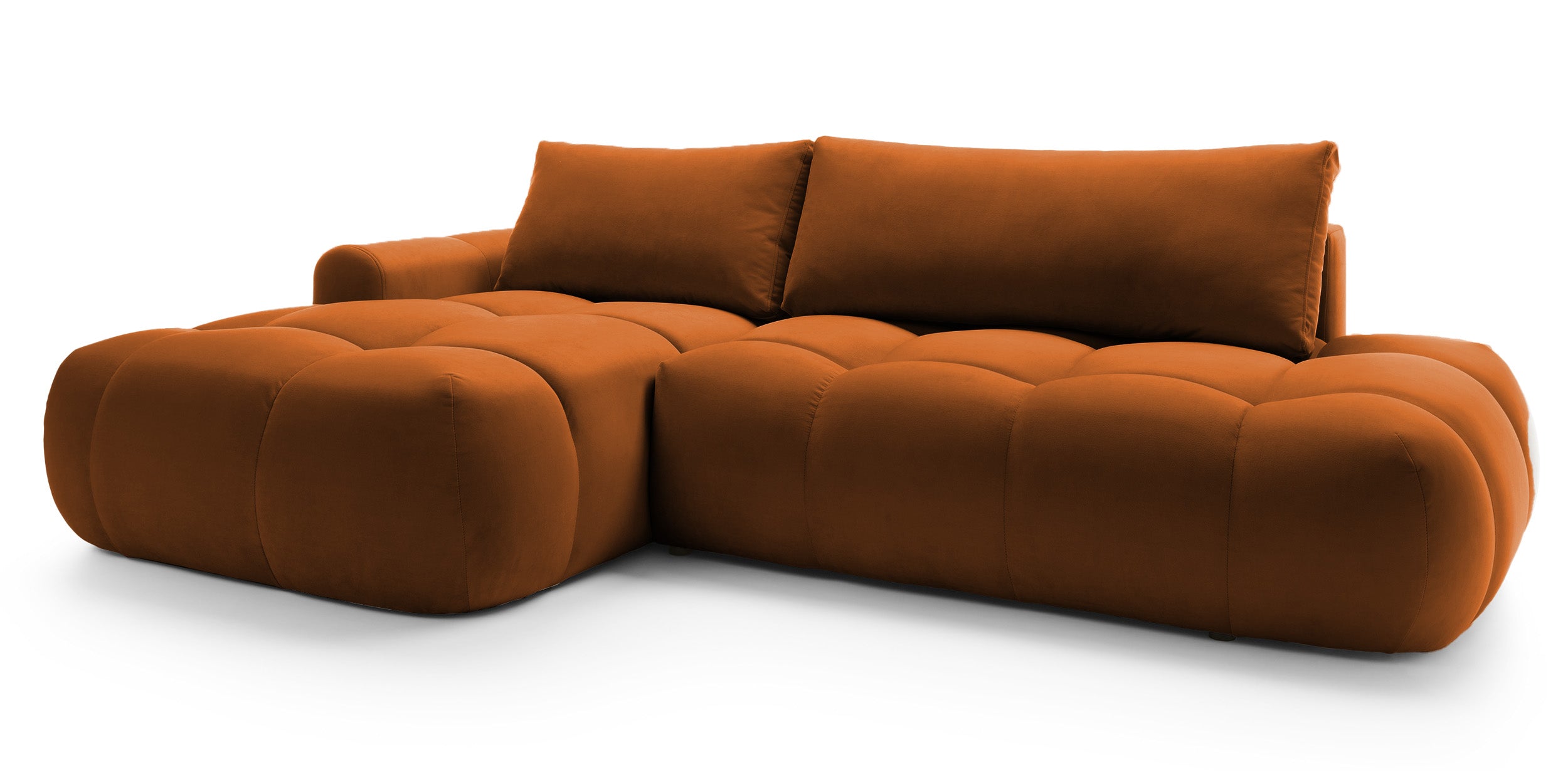 Ecksofa mit Schlaffunktion Ombo, L-förmig, mit Stauraum, kupferfarbener, hydrophober Samt, linksseitig