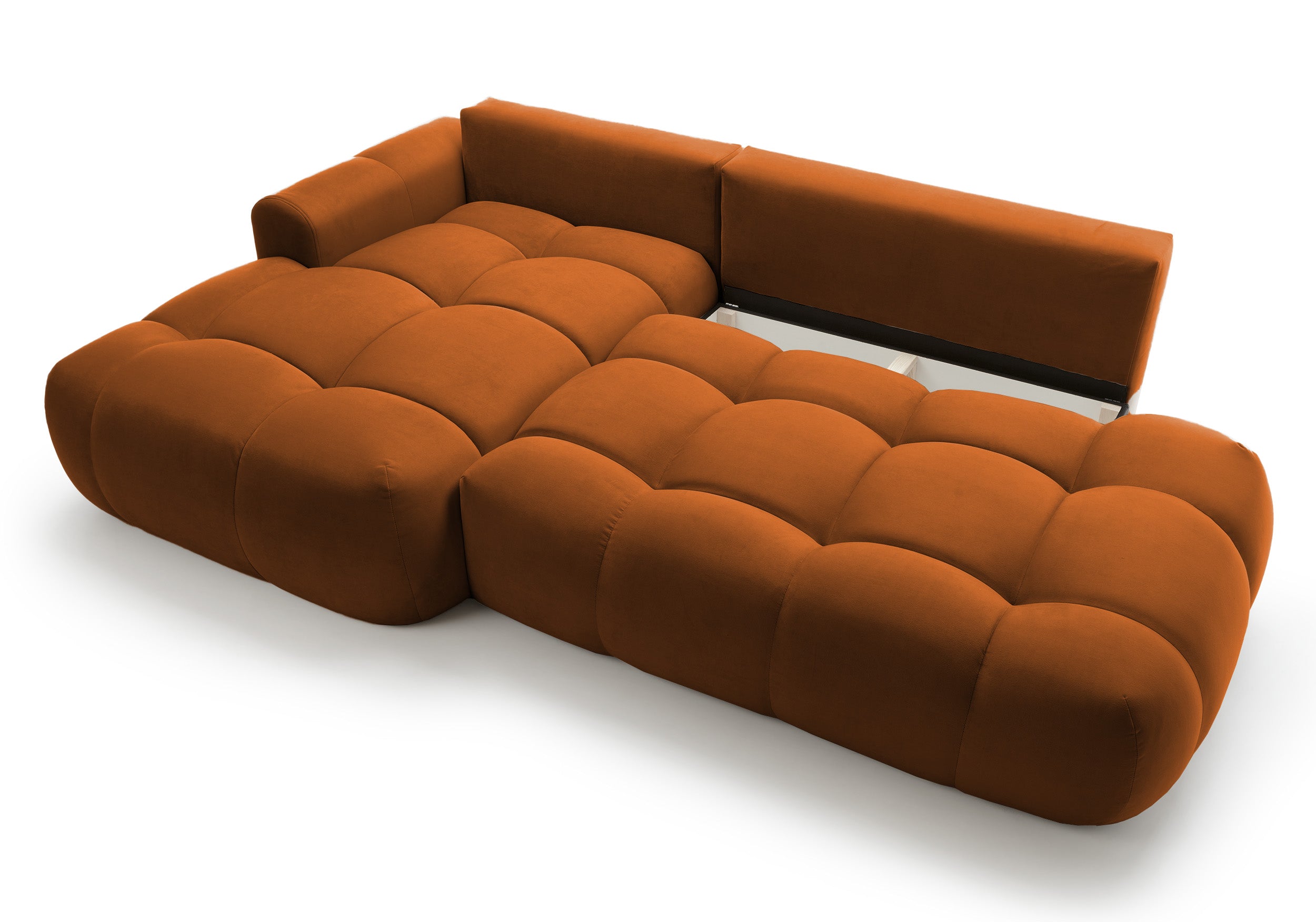 Ecksofa mit Schlaffunktion Ombo, L-förmig, mit Stauraum, kupferfarbener, hydrophober Samt, linksseitig