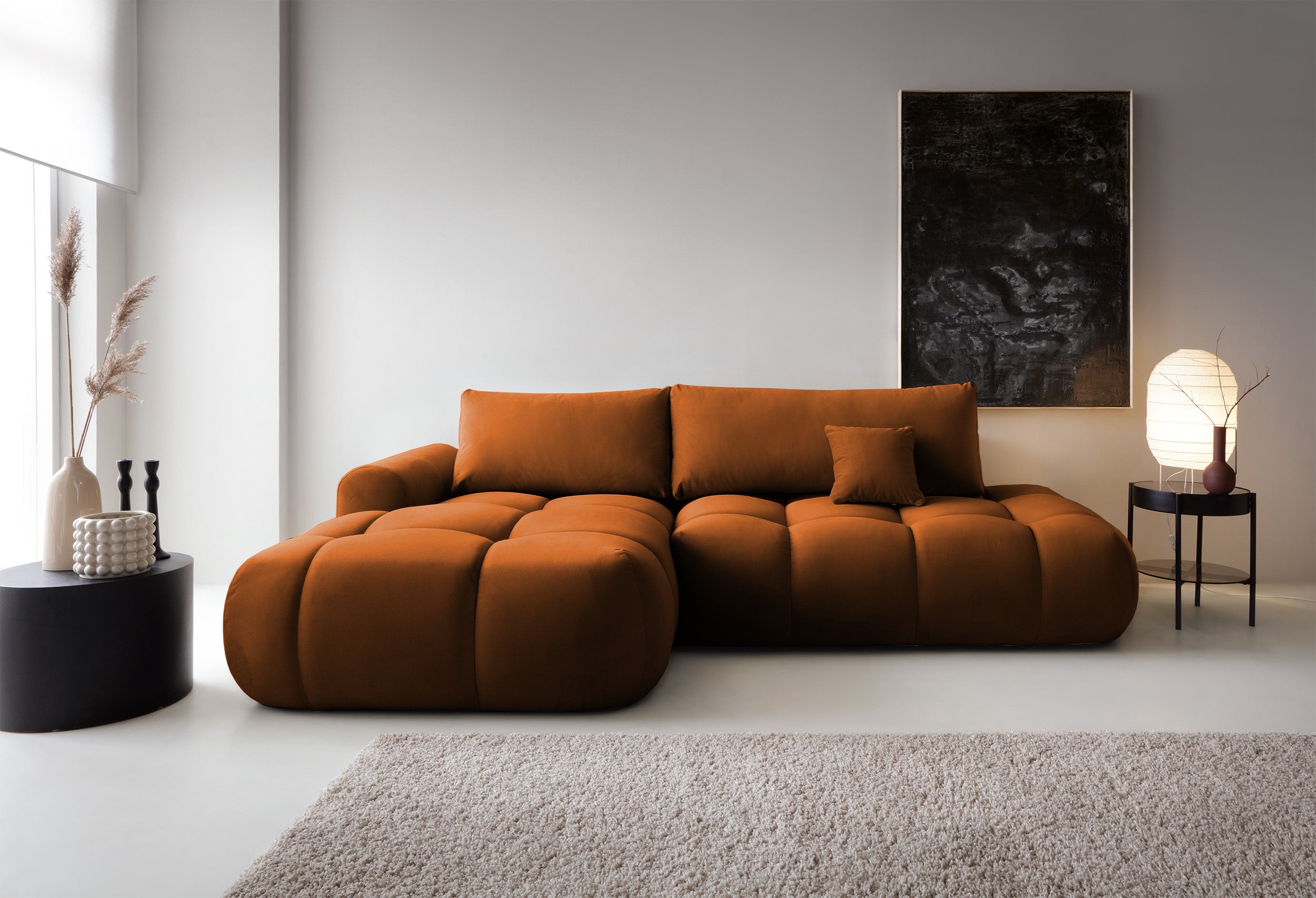 Ecksofa mit Schlaffunktion Ombo, L-förmig, mit Stauraum, kupferfarbener, hydrophober Samt, linksseitig