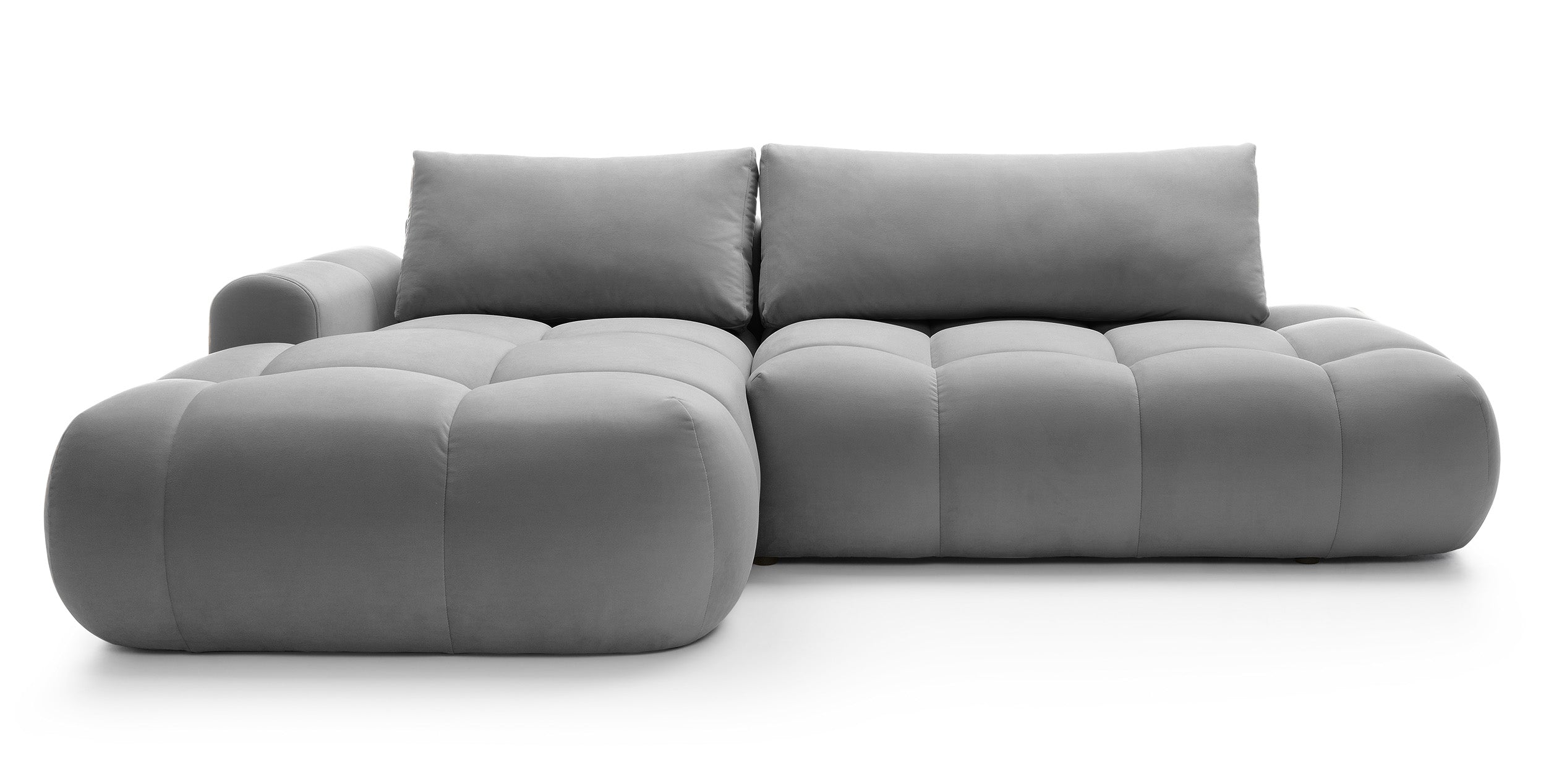 Ecksofa mit Schlaffunktion Ombo, L-förmig, mit Stauraum, grauer hydrophober Samt, linksseitig