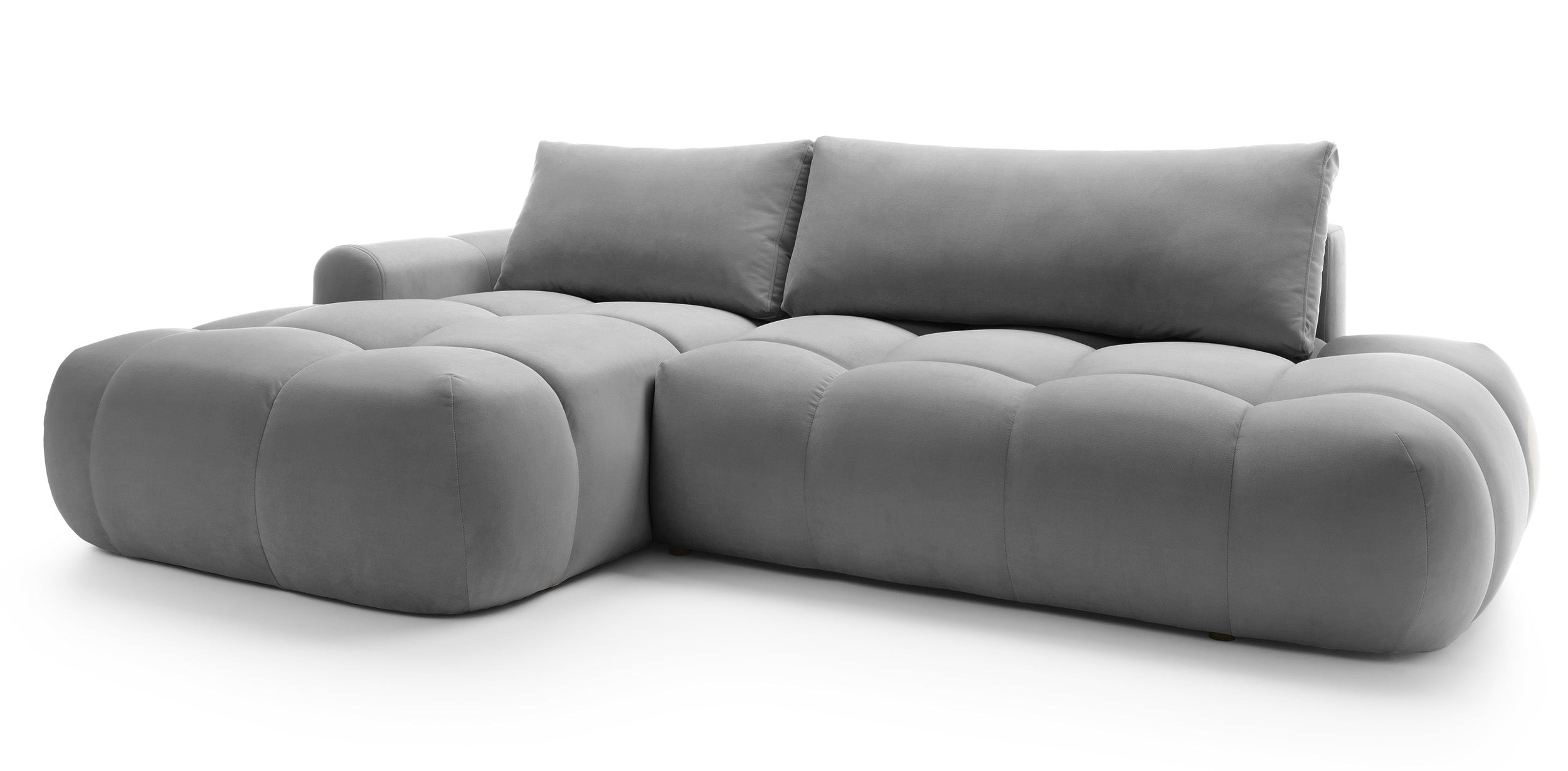 Ecksofa mit Schlaffunktion Ombo, L-förmig, mit Stauraum, grauer hydrophober Samt, linksseitig