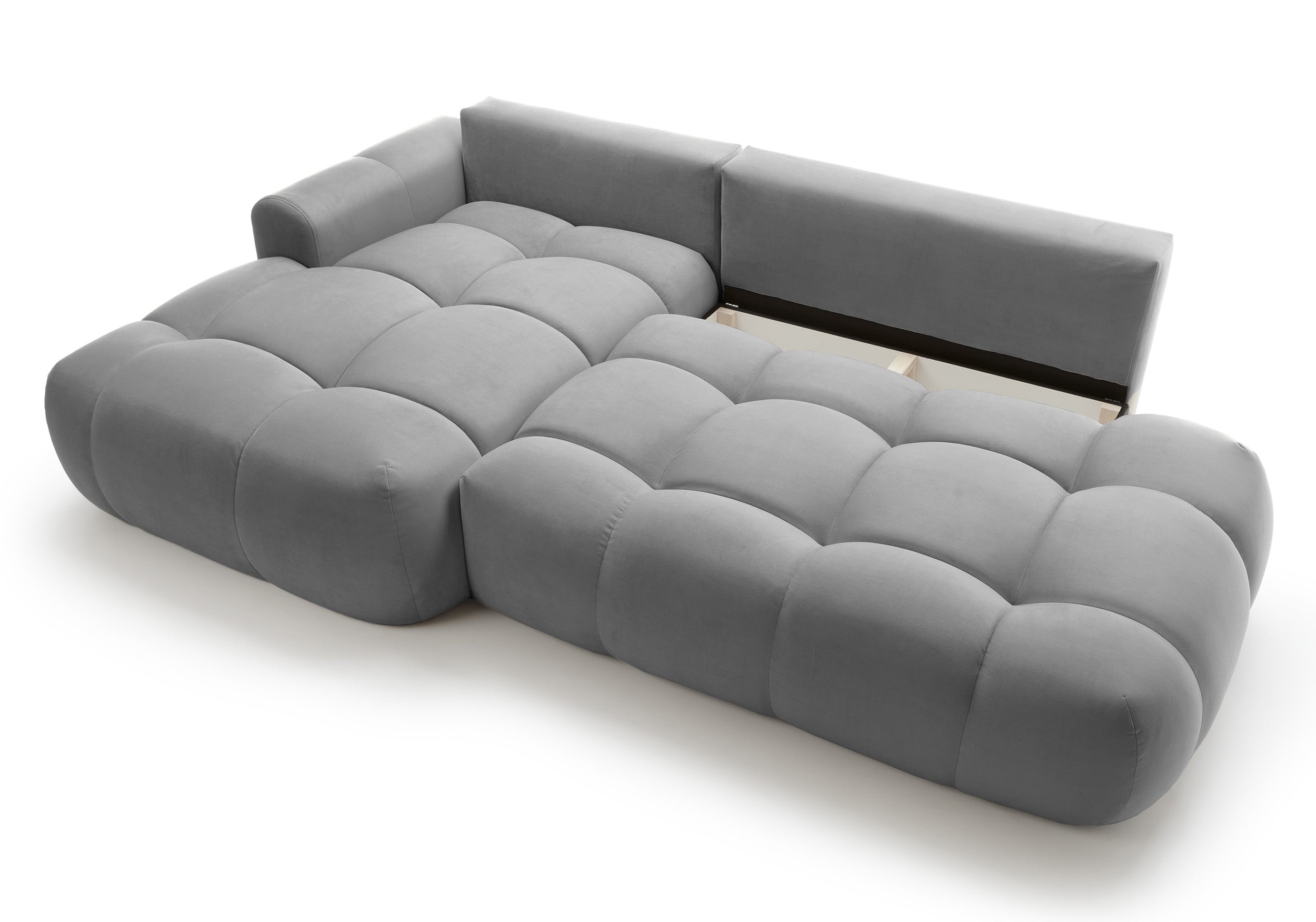 Ecksofa mit Schlaffunktion Ombo, L-förmig, mit Stauraum, grauer hydrophober Samt, linksseitig
