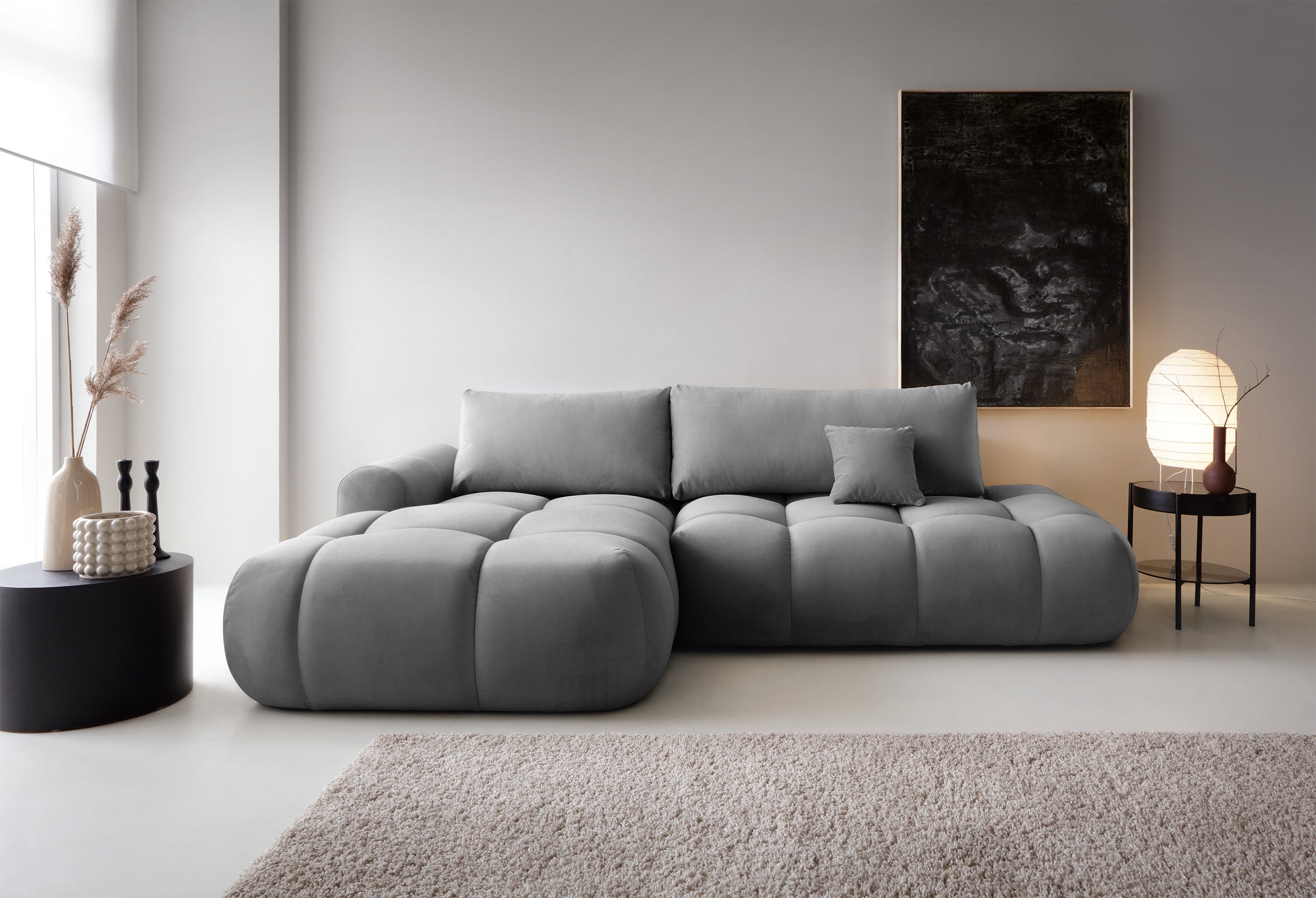 Ecksofa mit Schlaffunktion Ombo, L-förmig, mit Stauraum, grauer hydrophober Samt, linksseitig