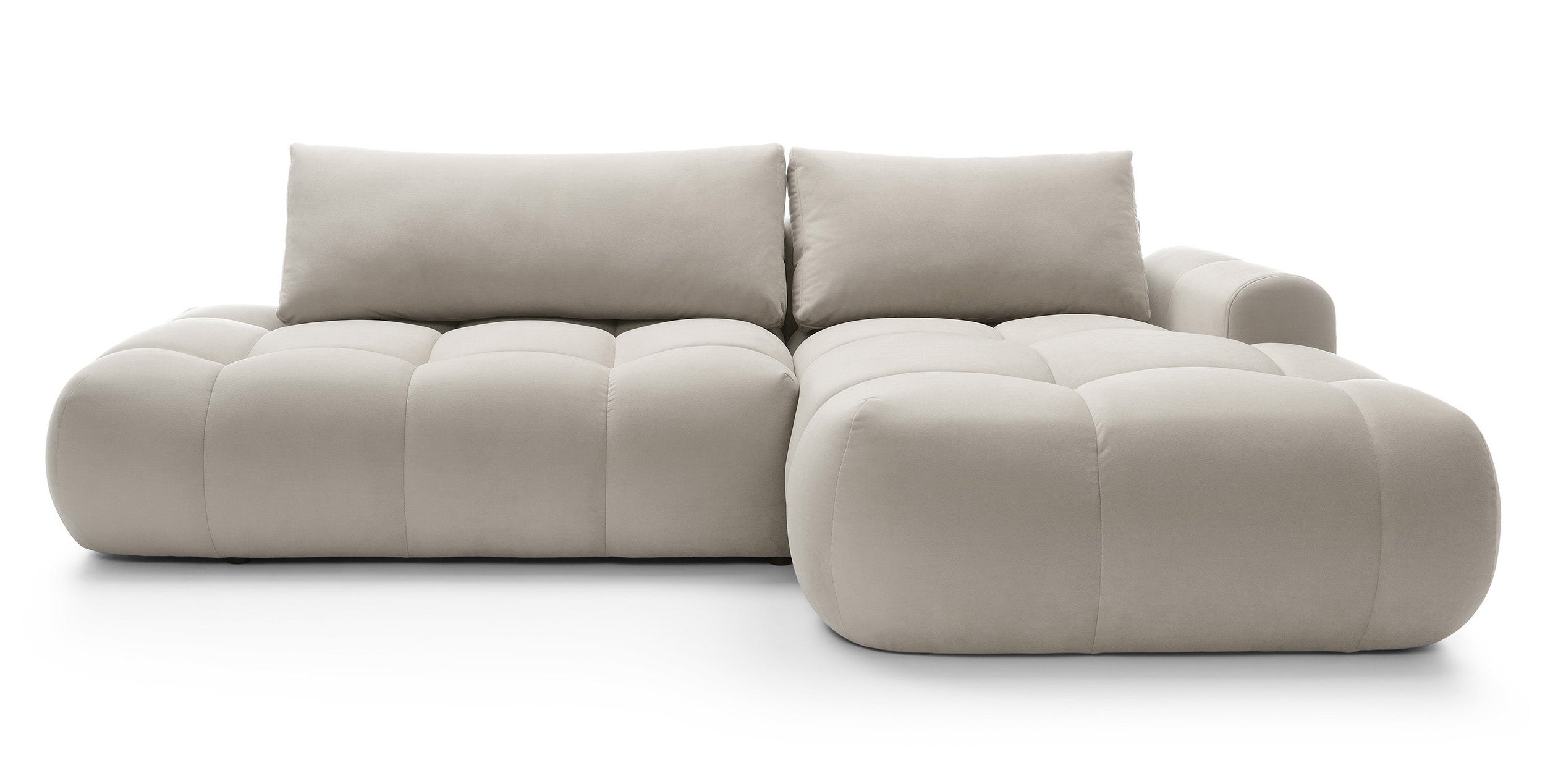 Ecksofa mit Schlaffunktion Ombo, L-förmig, mit Stauraum, grau-beiger hydrophober Samt, rechtsseitig