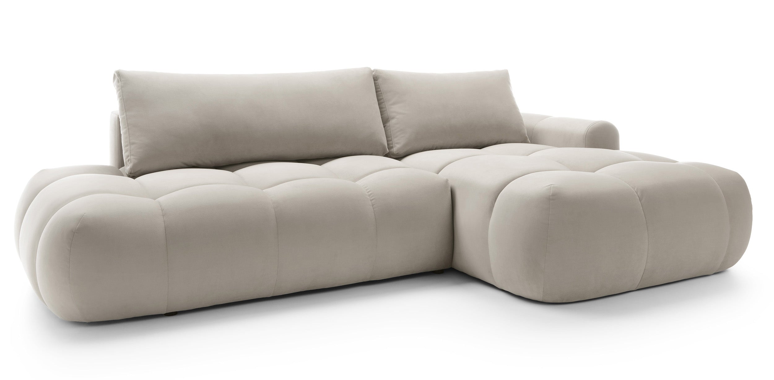 Ecksofa mit Schlaffunktion Ombo, L-förmig, mit Stauraum, grau-beiger hydrophober Samt, rechtsseitig