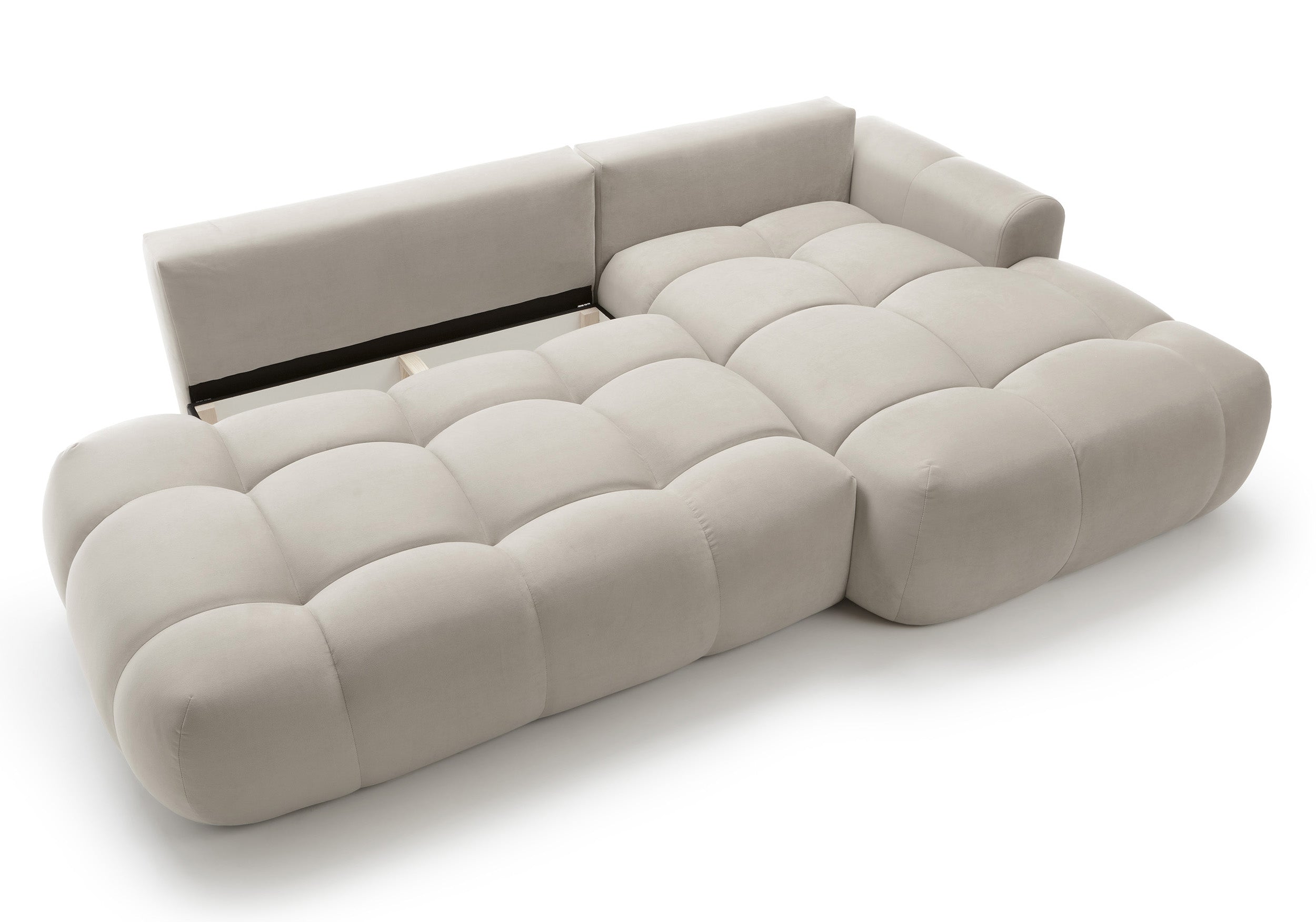 Ecksofa mit Schlaffunktion Ombo, L-förmig, mit Stauraum, grau-beiger hydrophober Samt, rechtsseitig