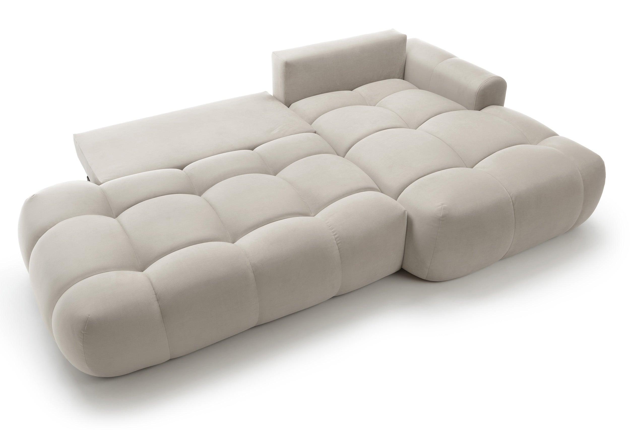 Ecksofa mit Schlaffunktion Ombo, L-förmig, mit Stauraum, grau-beiger hydrophober Samt, rechtsseitig