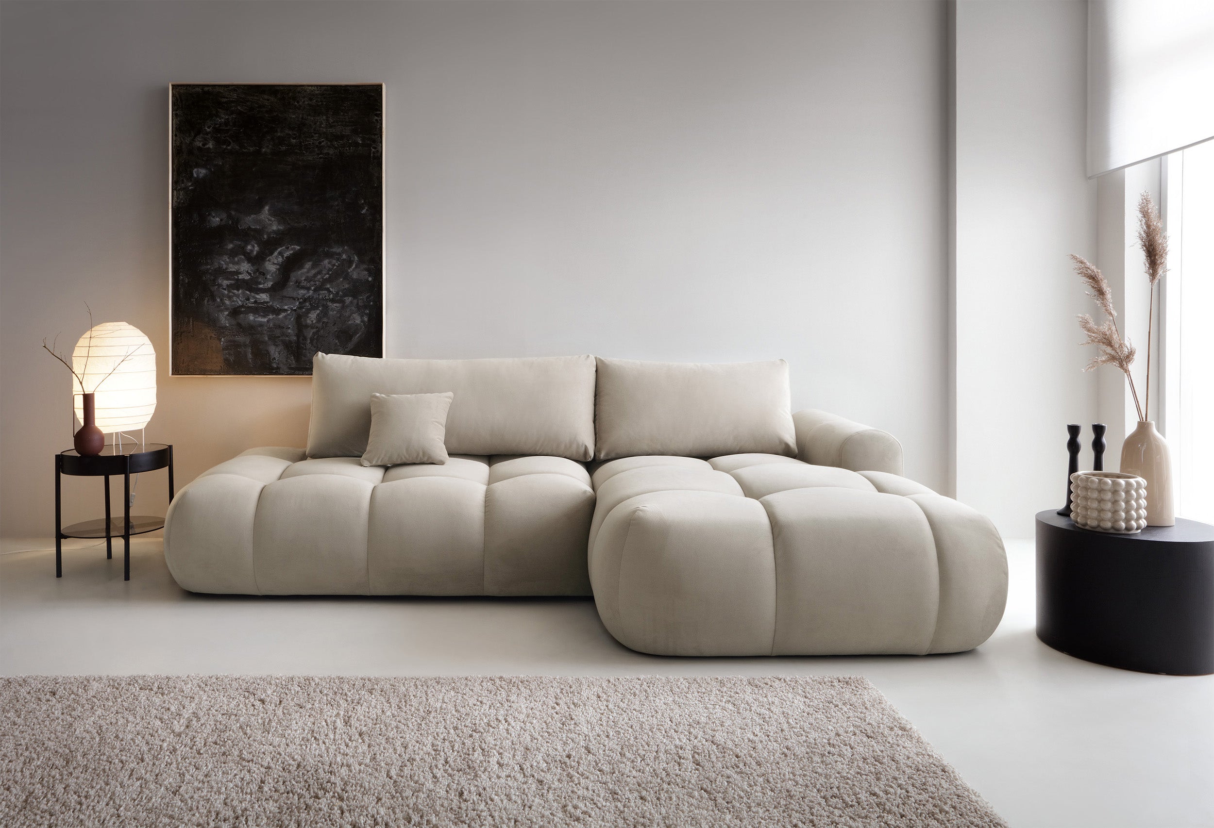 Ecksofa mit Schlaffunktion Ombo, L-förmig, mit Stauraum, grau-beiger hydrophober Samt, rechtsseitig