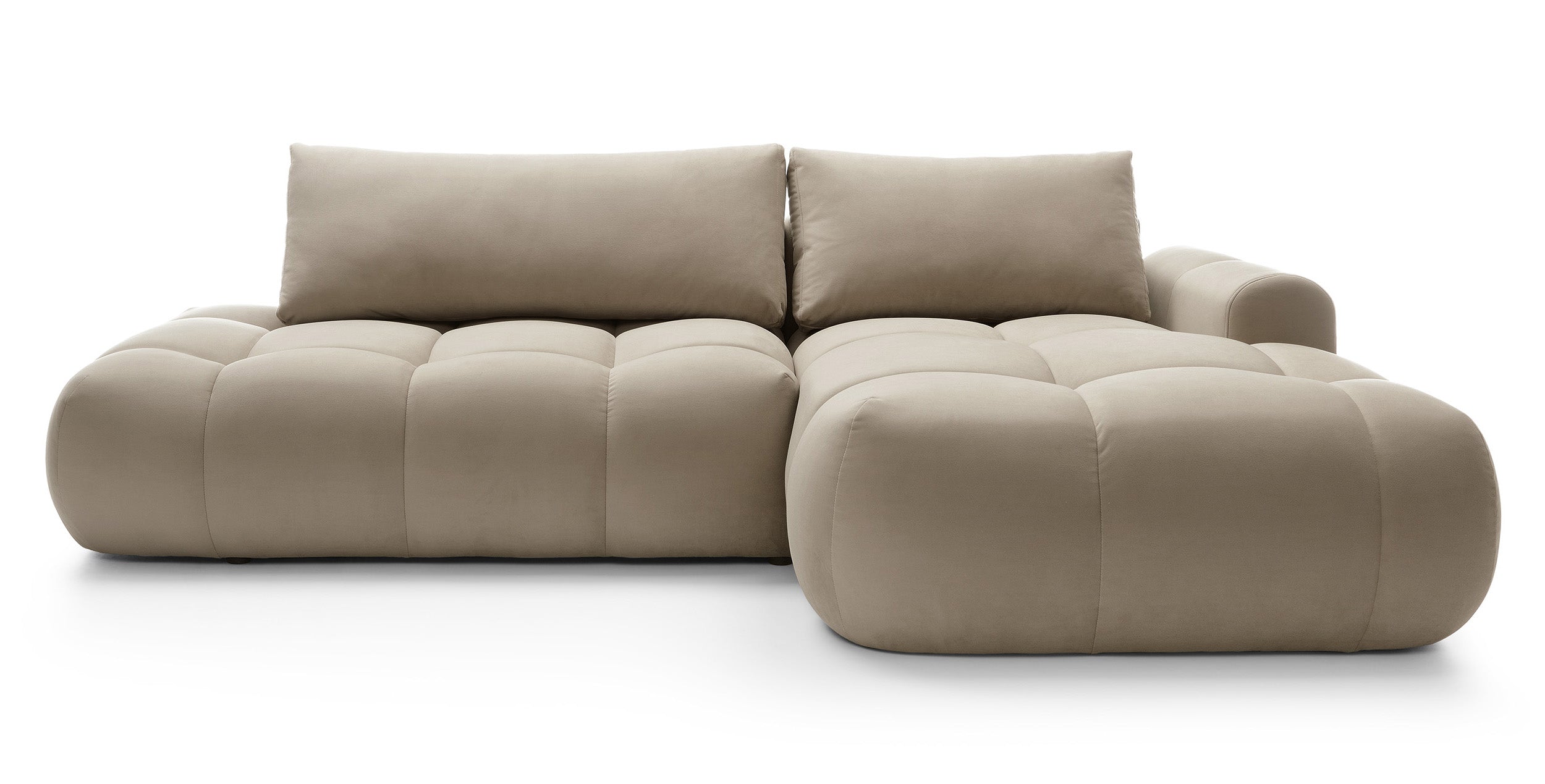 Ecksofa mit Schlaffunktion Ombo, L-förmig, mit Stauraum, beige, hydrophober Samt, rechtsseitig