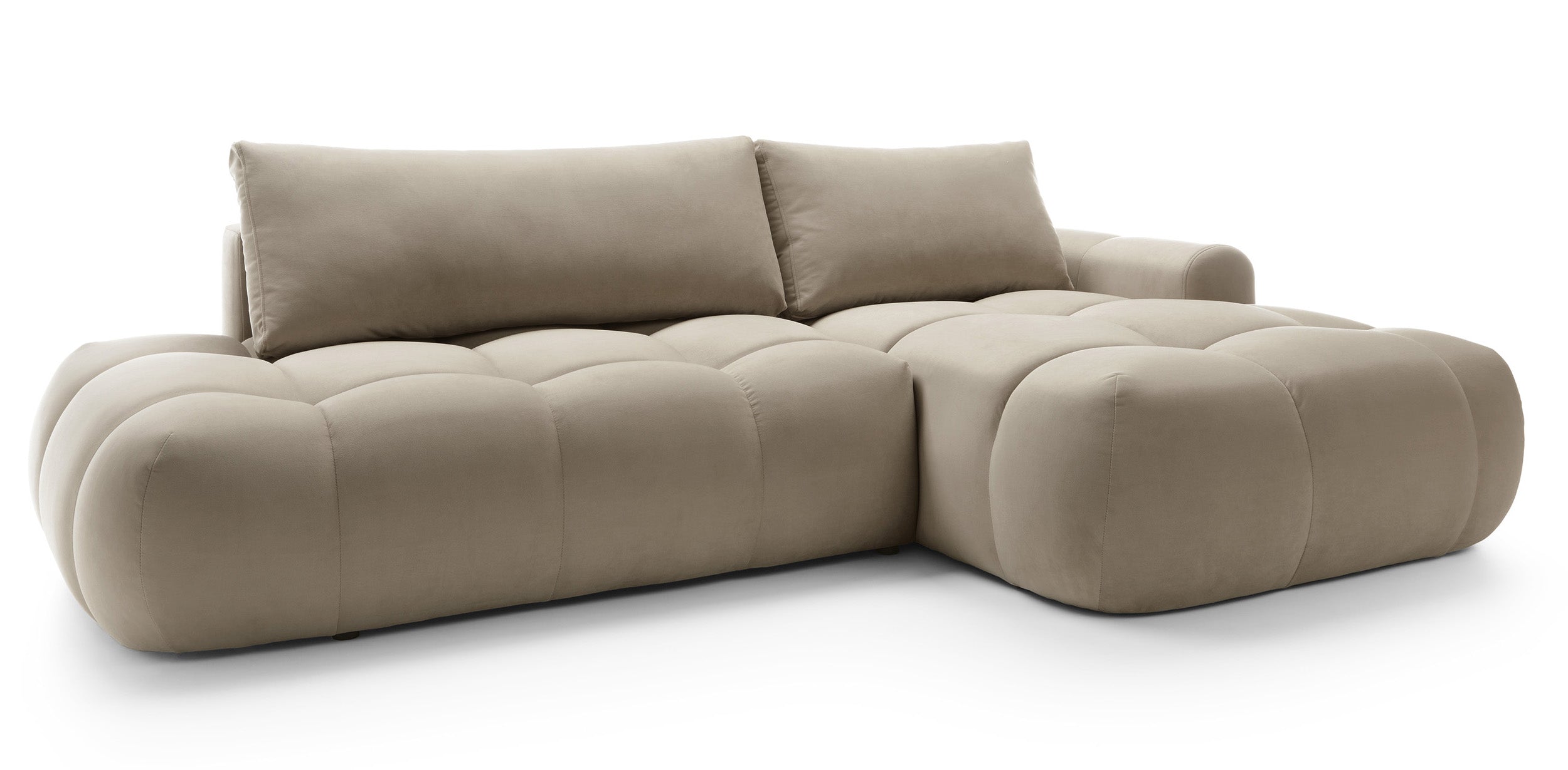 Ecksofa mit Schlaffunktion Ombo, L-förmig, mit Stauraum, beige, hydrophober Samt, rechtsseitig