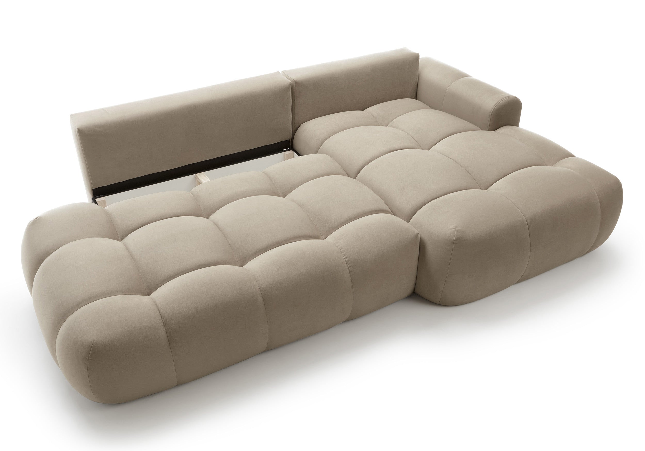 Ecksofa mit Schlaffunktion Ombo, L-förmig, mit Stauraum, beige, hydrophober Samt, rechtsseitig