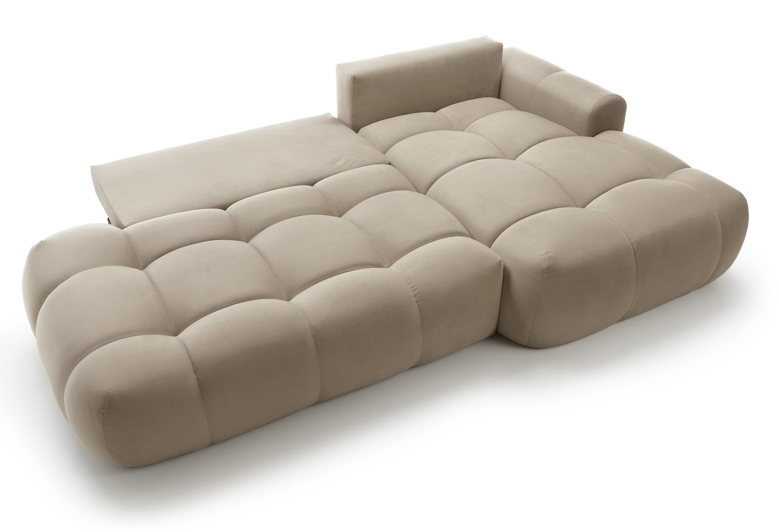Ecksofa mit Schlaffunktion Ombo, L-förmig, mit Stauraum, beige, hydrophober Samt, rechtsseitig