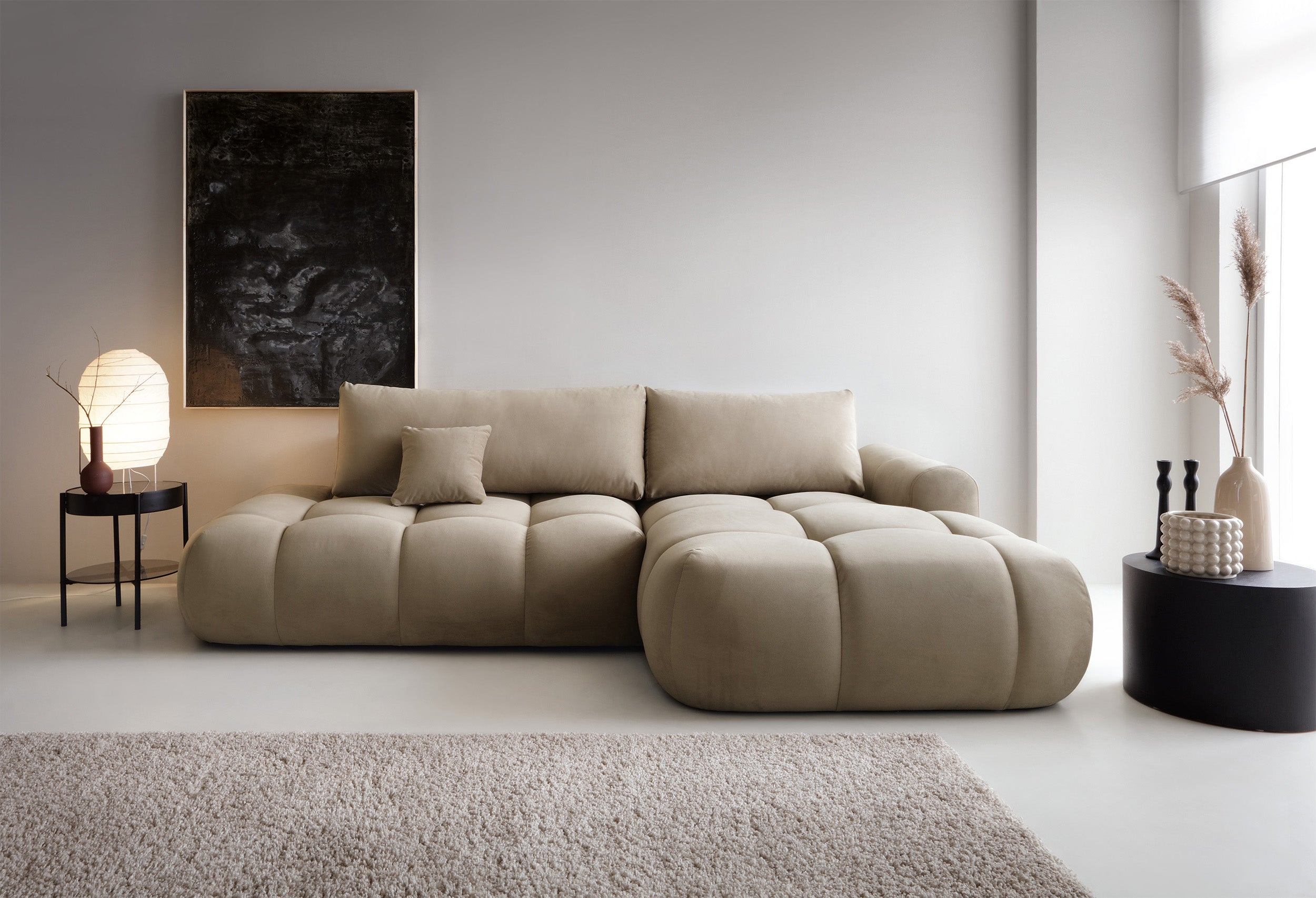 Ecksofa mit Schlaffunktion Ombo, L-förmig, mit Stauraum, beige, hydrophober Samt, rechtsseitig