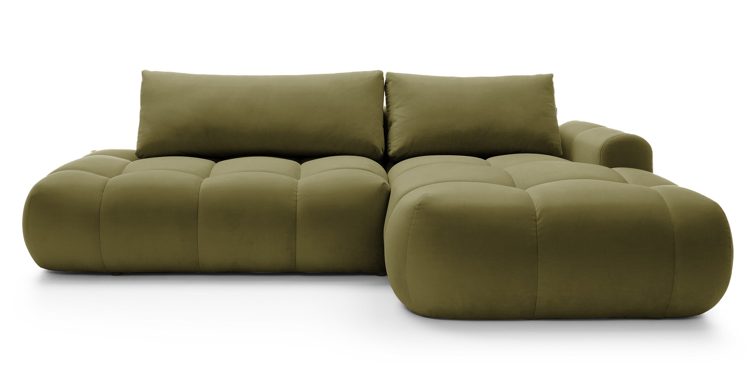 Ecksofa mit Schlafunktion Ombo, L-förmig, mit Stauraum, olivgrüner, hydrophober Samt, rechtsseitig