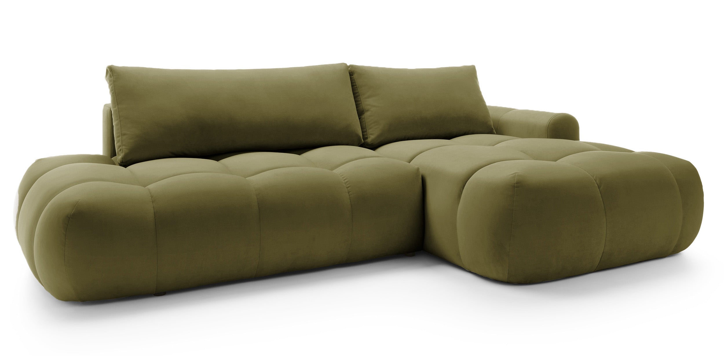 Ecksofa mit Schlafunktion Ombo, L-förmig, mit Stauraum, olivgrüner, hydrophober Samt, rechtsseitig