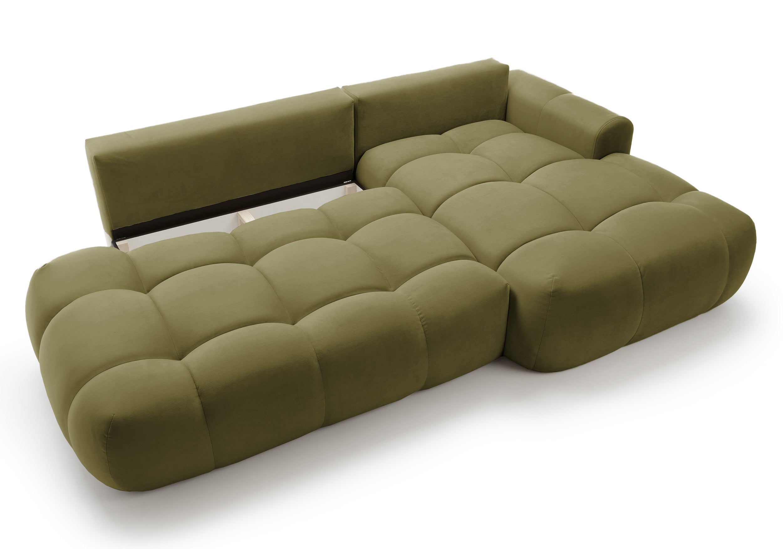 Ecksofa mit Schlafunktion Ombo, L-förmig, mit Stauraum, olivgrüner, hydrophober Samt, rechtsseitig