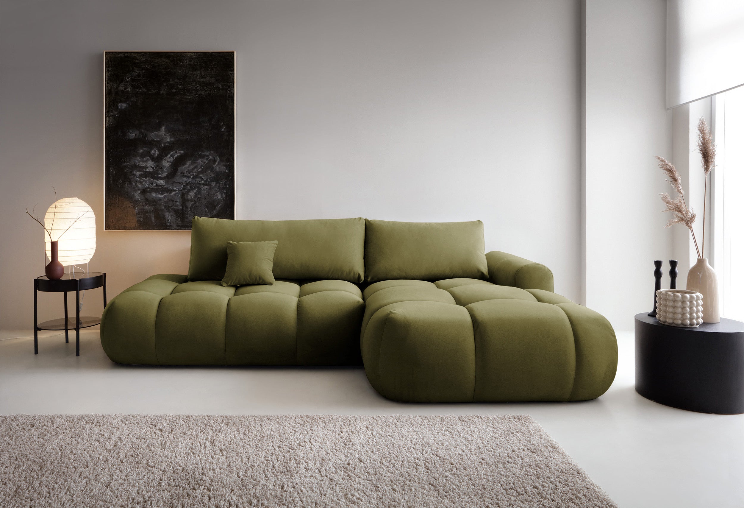 Ecksofa mit Schlafunktion Ombo, L-förmig, mit Stauraum, olivgrüner, hydrophober Samt, rechtsseitig