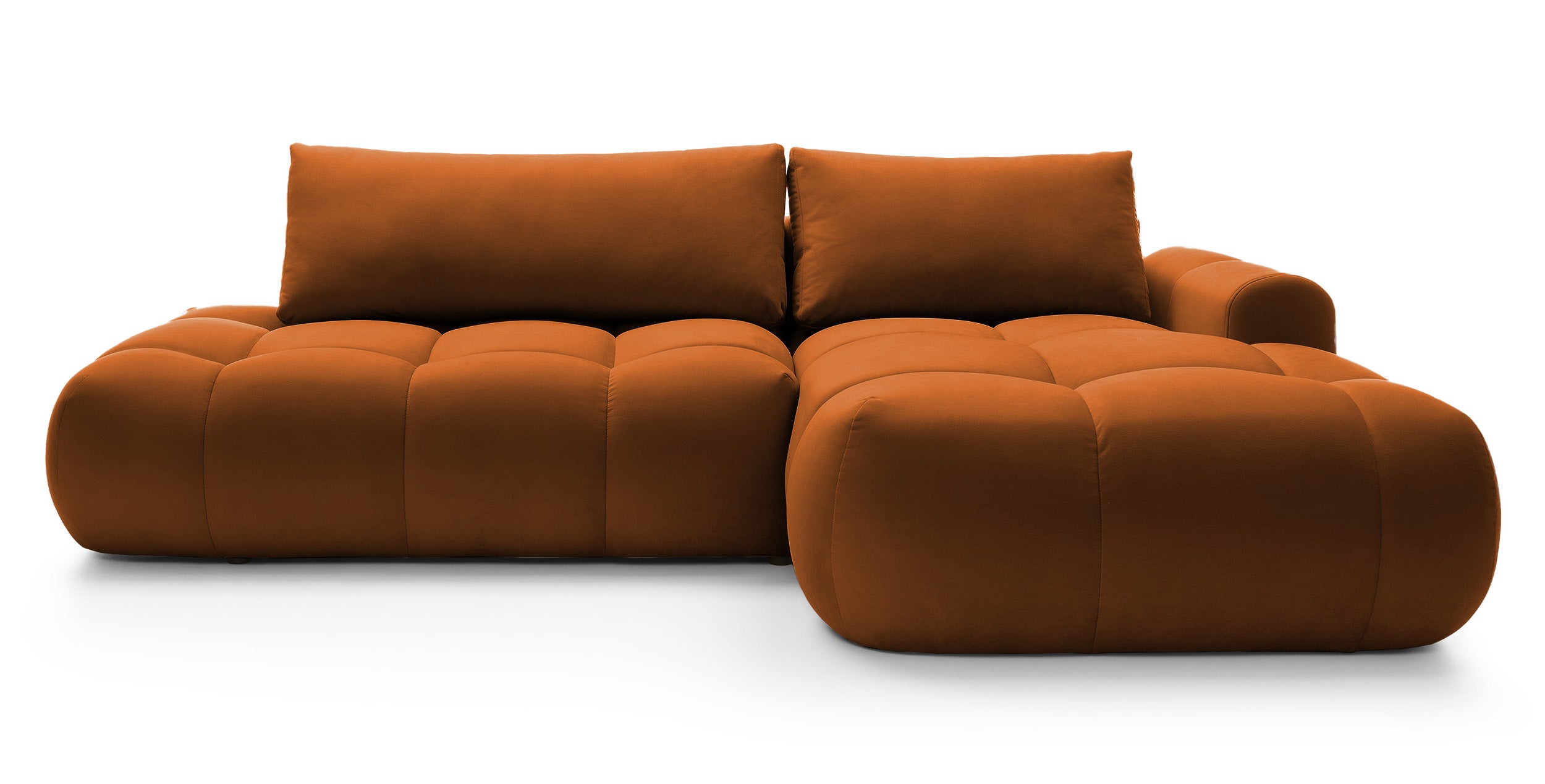 Ecksofa mit Schlaffunktion Ombo, L-förmig, mit Stauraum, kupferfarbener hydrophober Samt, rechtsseitig