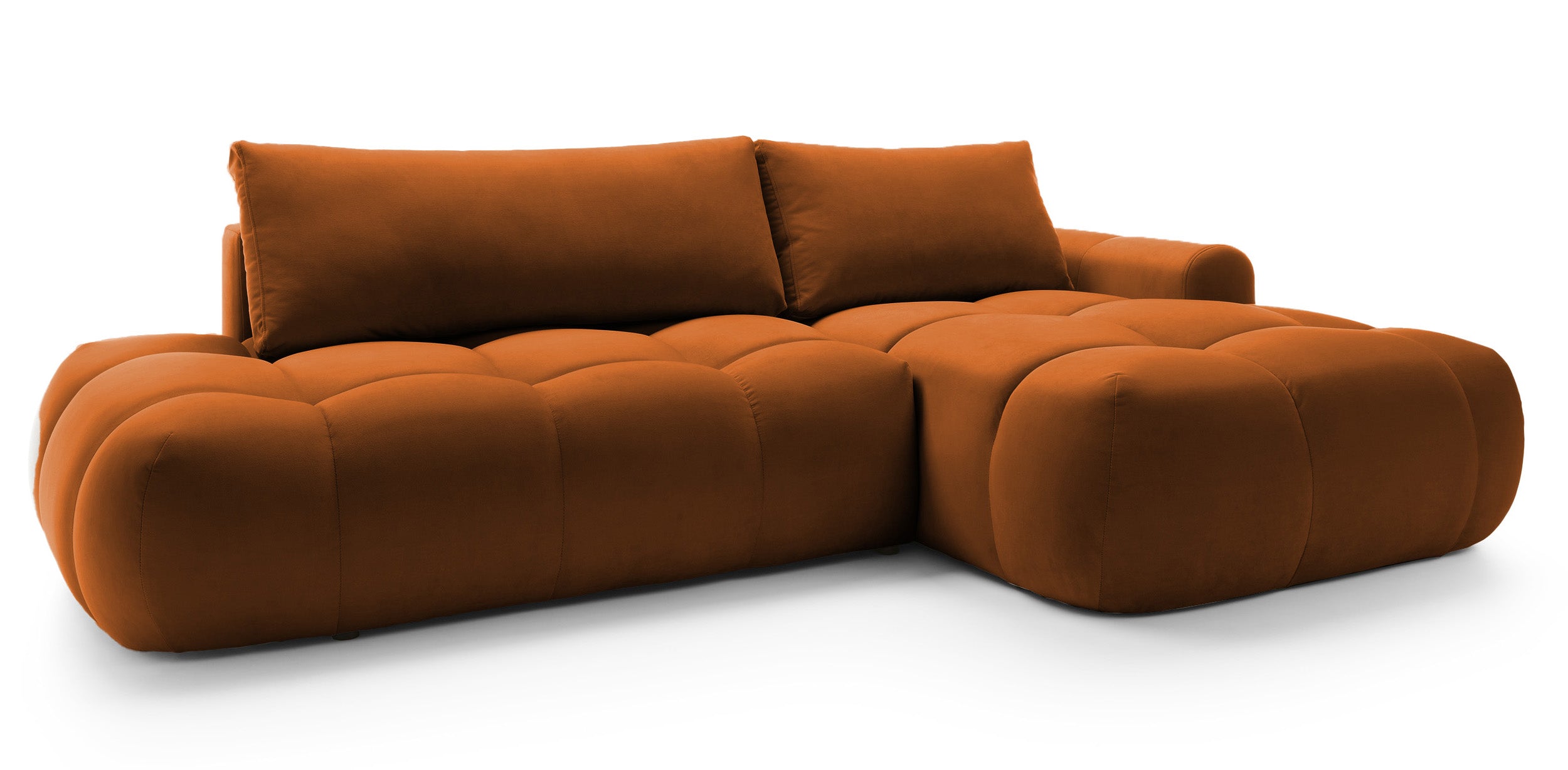 Ecksofa mit Schlaffunktion Ombo, L-förmig, mit Stauraum, kupferfarbener hydrophober Samt, rechtsseitig