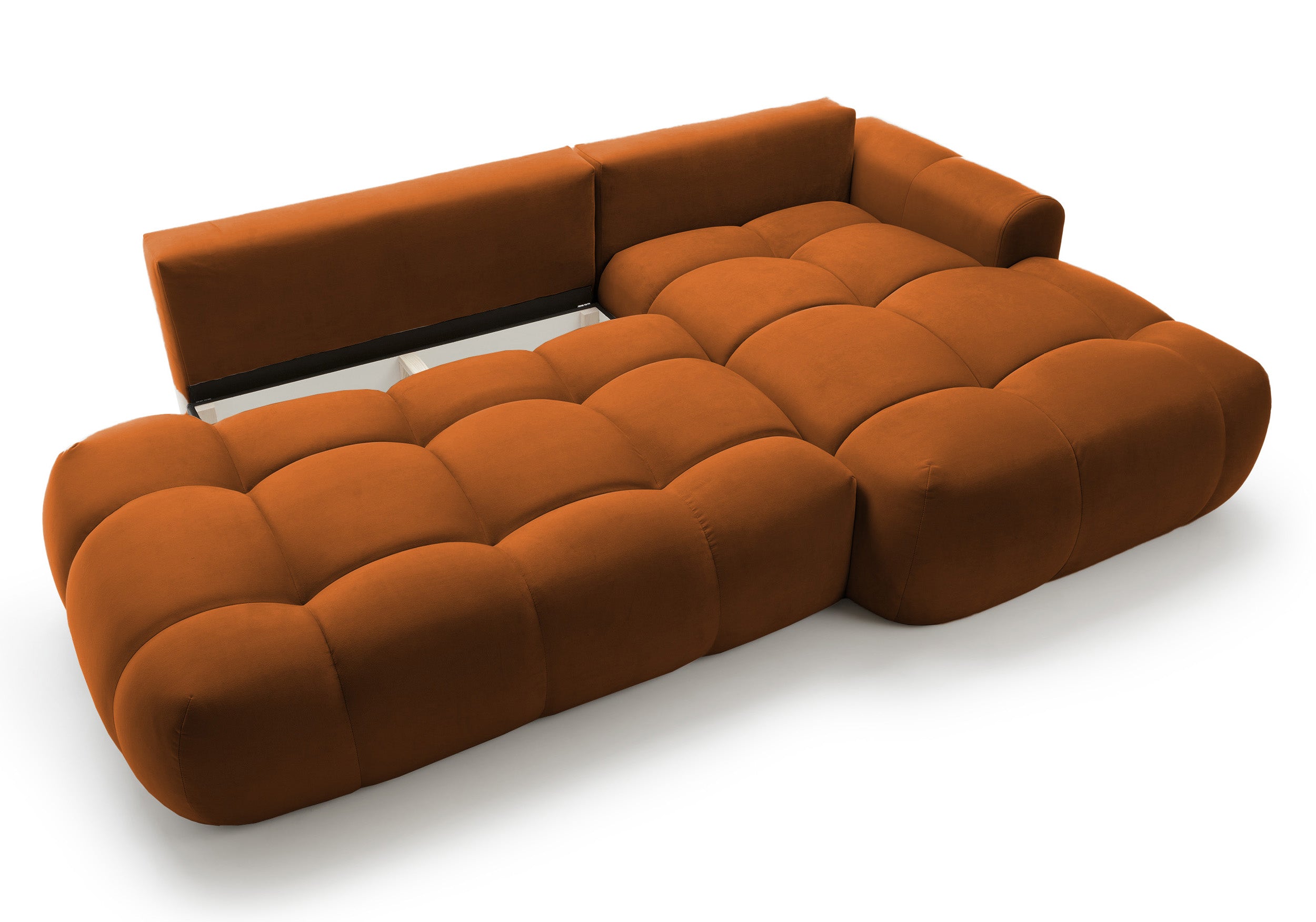 Ecksofa mit Schlaffunktion Ombo, L-förmig, mit Stauraum, kupferfarbener hydrophober Samt, rechtsseitig