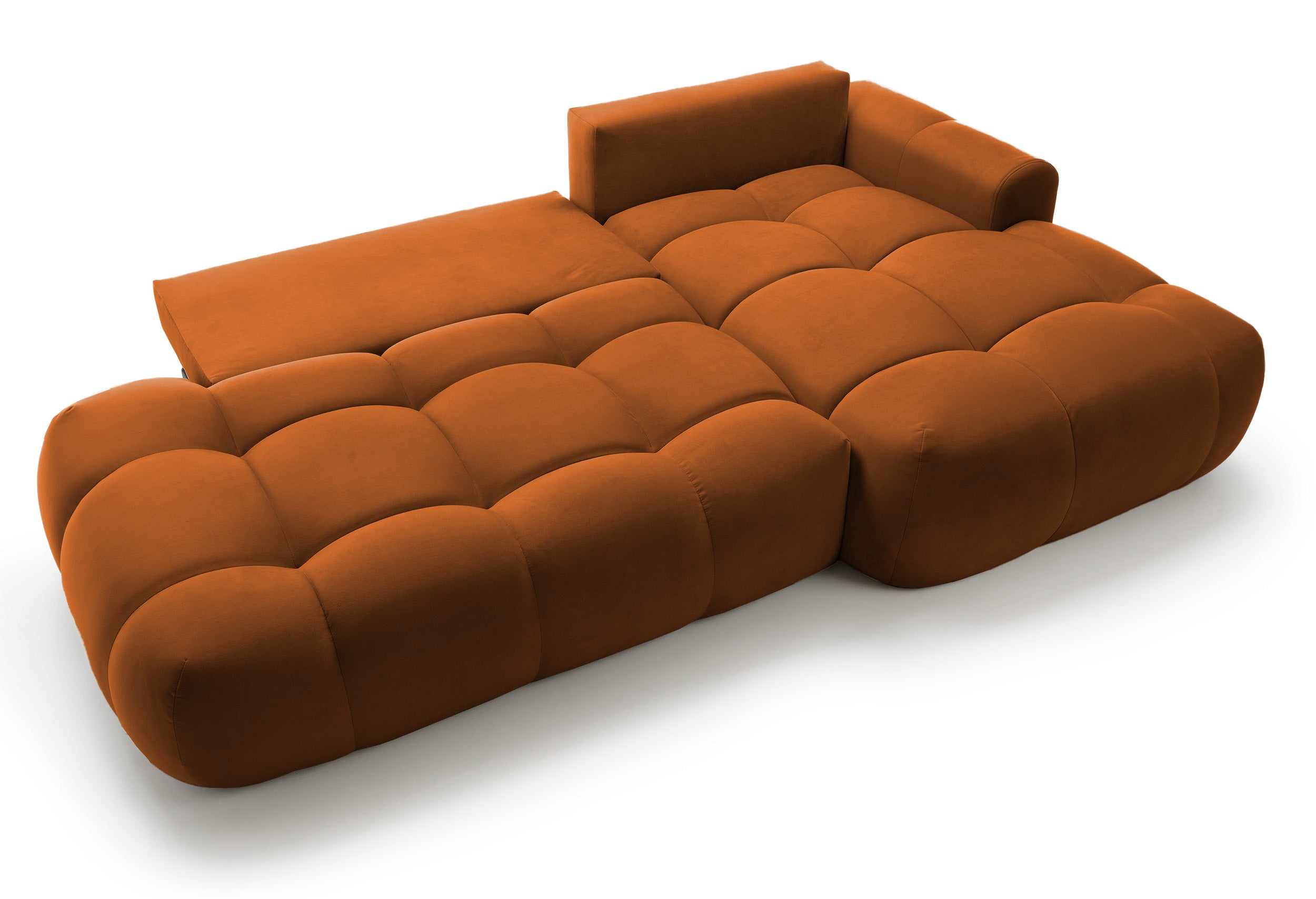 Ecksofa mit Schlaffunktion Ombo, L-förmig, mit Stauraum, kupferfarbener hydrophober Samt, rechtsseitig