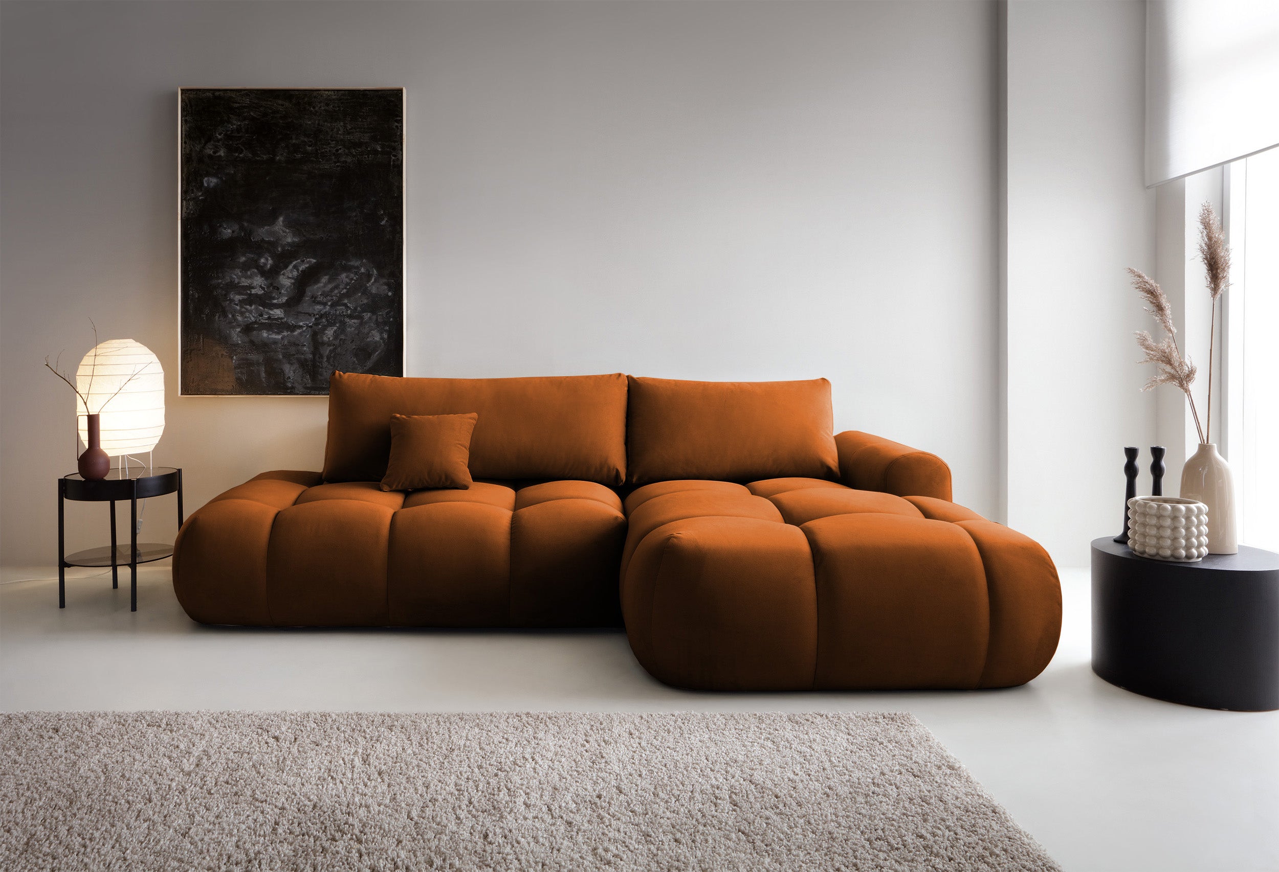 Ecksofa mit Schlaffunktion Ombo, L-förmig, mit Stauraum, kupferfarbener hydrophober Samt, rechtsseitig