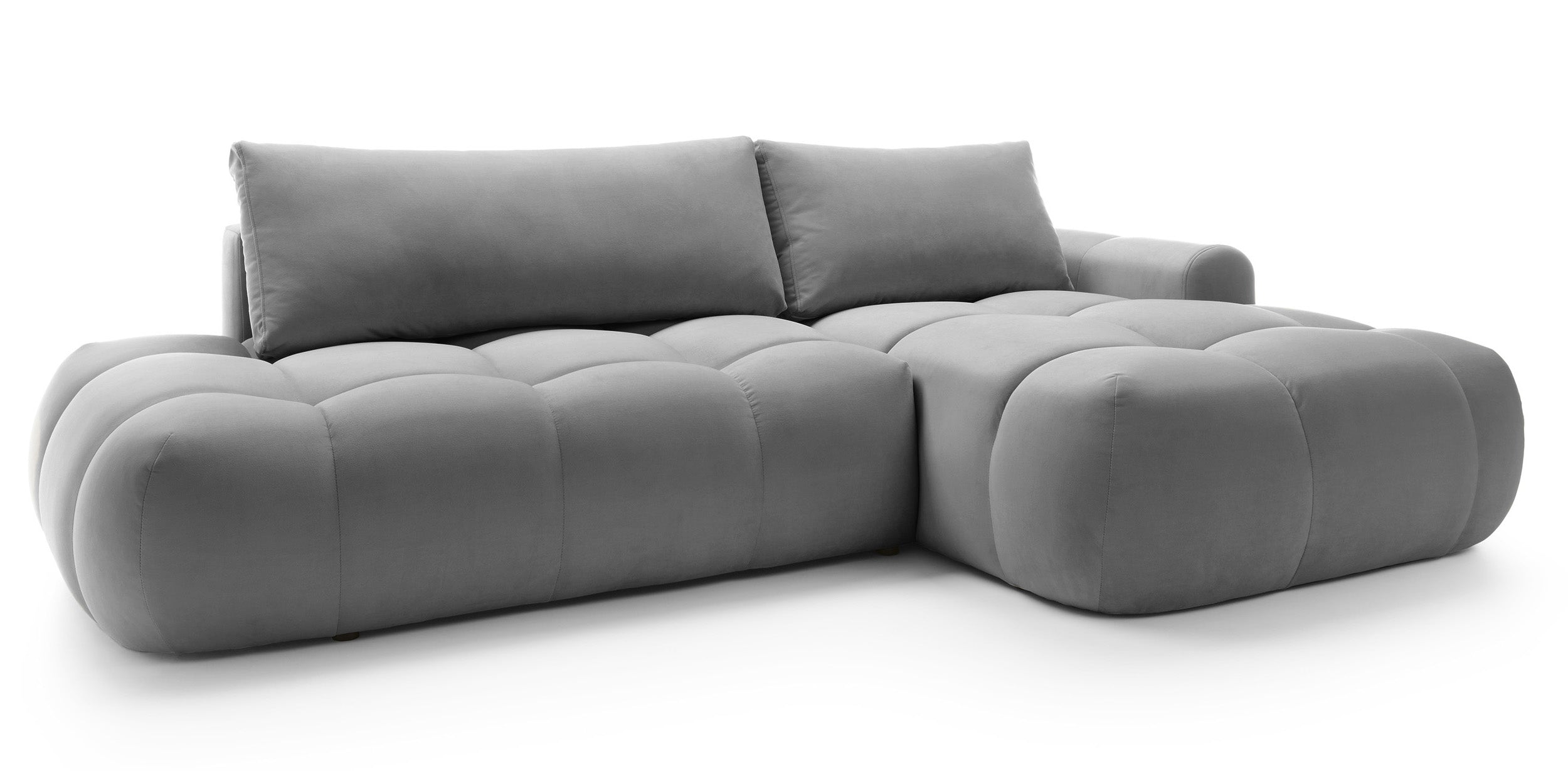 Ecksofa mit Schlaffunktion Ombo, L-förmig, mit Stauraum, grauer hydrophober Samt, rechtsseitig
