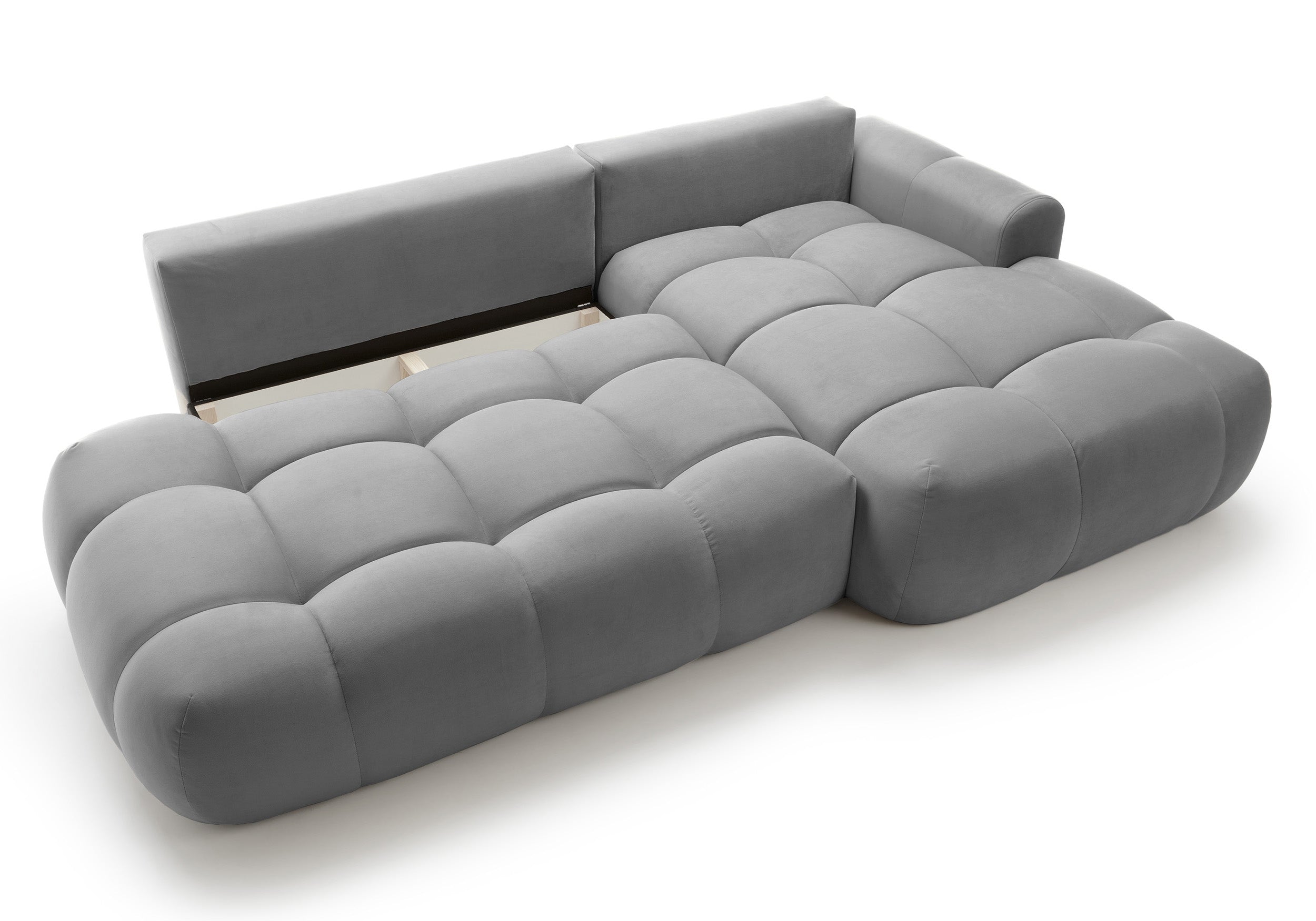 Ecksofa mit Schlaffunktion Ombo, L-förmig, mit Stauraum, grauer hydrophober Samt, rechtsseitig