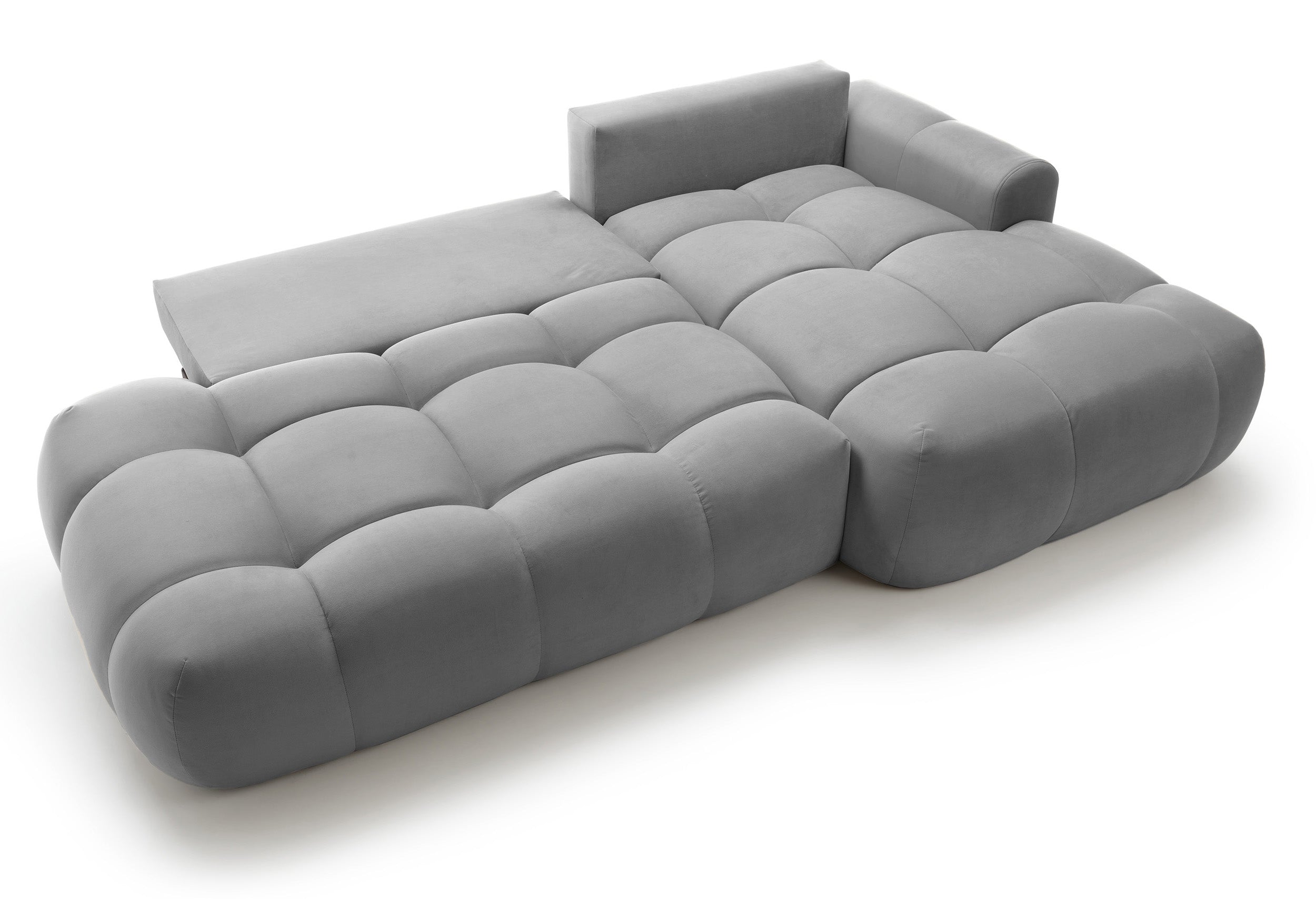 Ecksofa mit Schlaffunktion Ombo, L-förmig, mit Stauraum, grauer hydrophober Samt, rechtsseitig