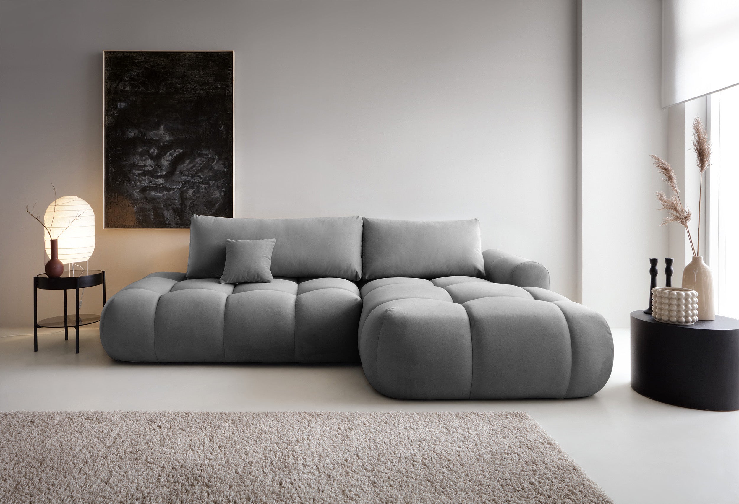 Ecksofa mit Schlaffunktion Ombo, L-förmig, mit Stauraum, grauer hydrophober Samt, rechtsseitig