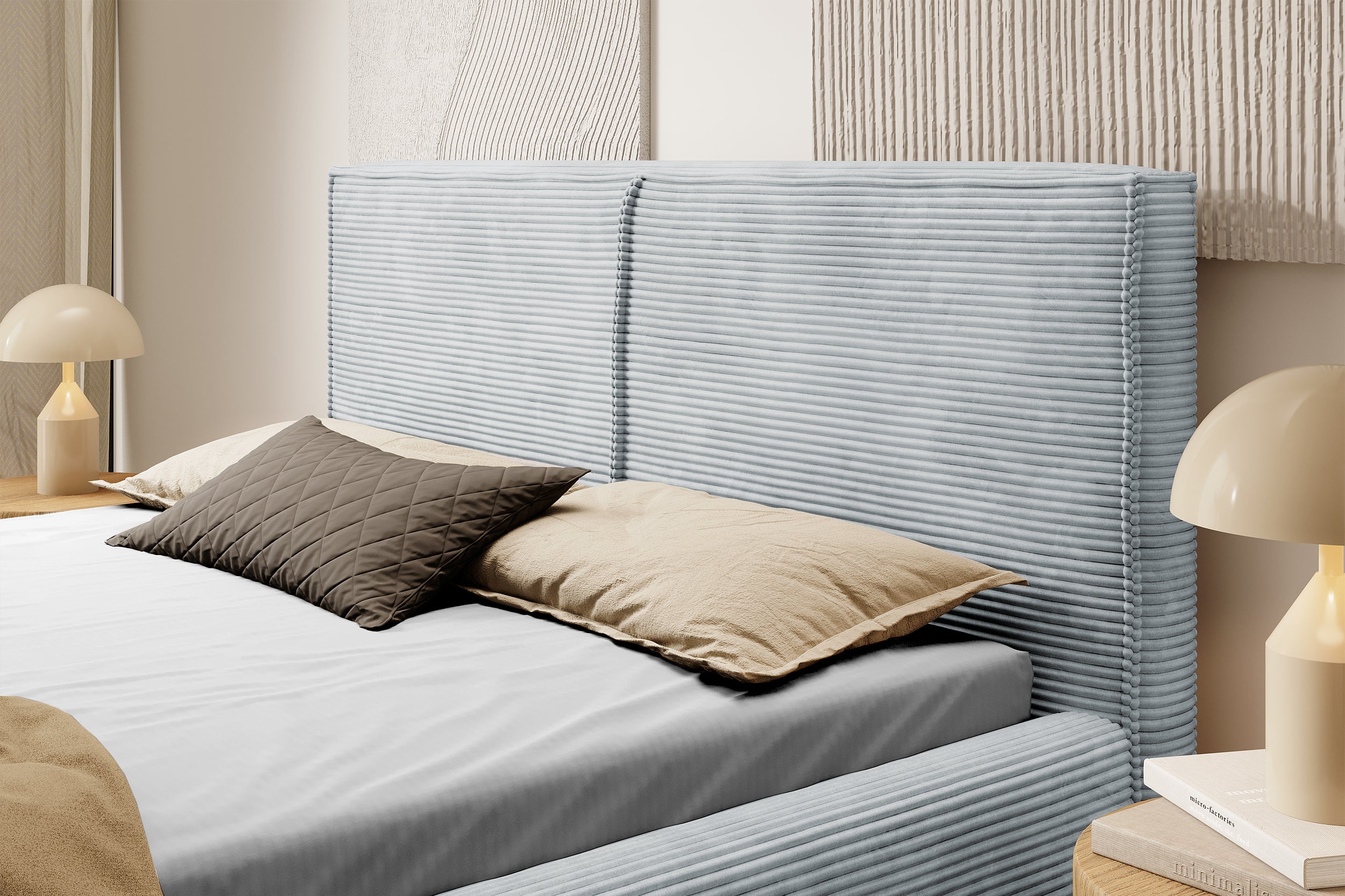 Gepolstertes Bett 140x200 cm Farese mit Stauraum und Gasdruckfeder, hellgrauer Cordstoff
