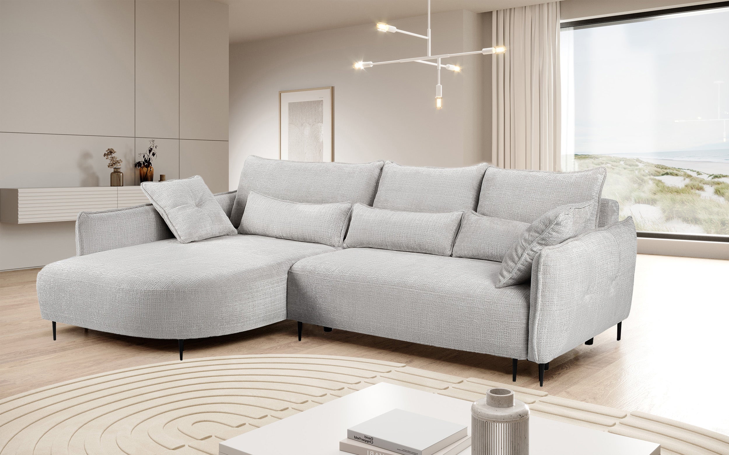 Ecksofa Oblivio mit Schlaf-Funktion, L-förmig, mit Stauraum, hellgrauer Chenille, linksseitig
