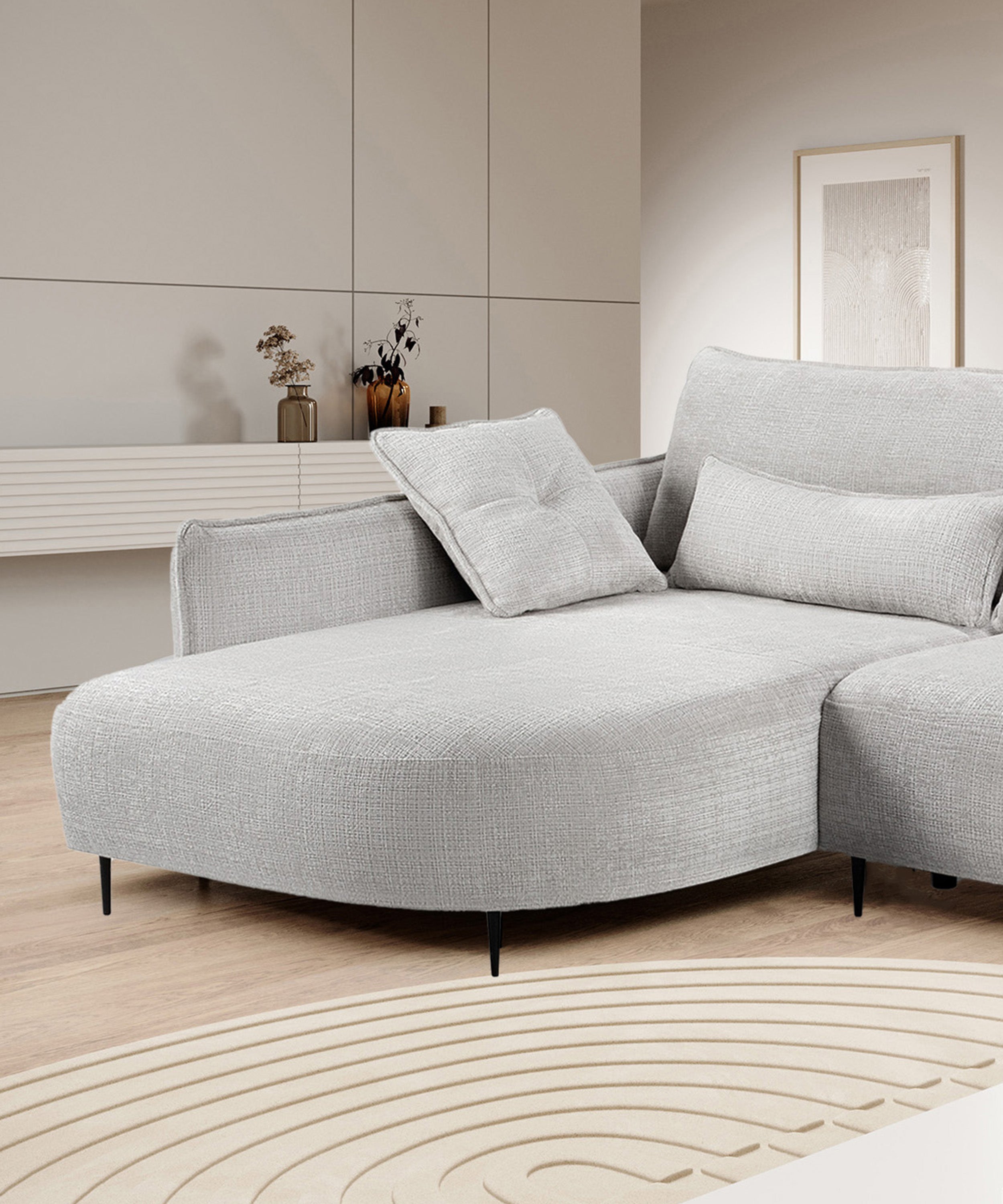 Ecksofa Oblivio mit Schlaf-Funktion, L-förmig, mit Stauraum, hellgrauer Chenille, linksseitig
