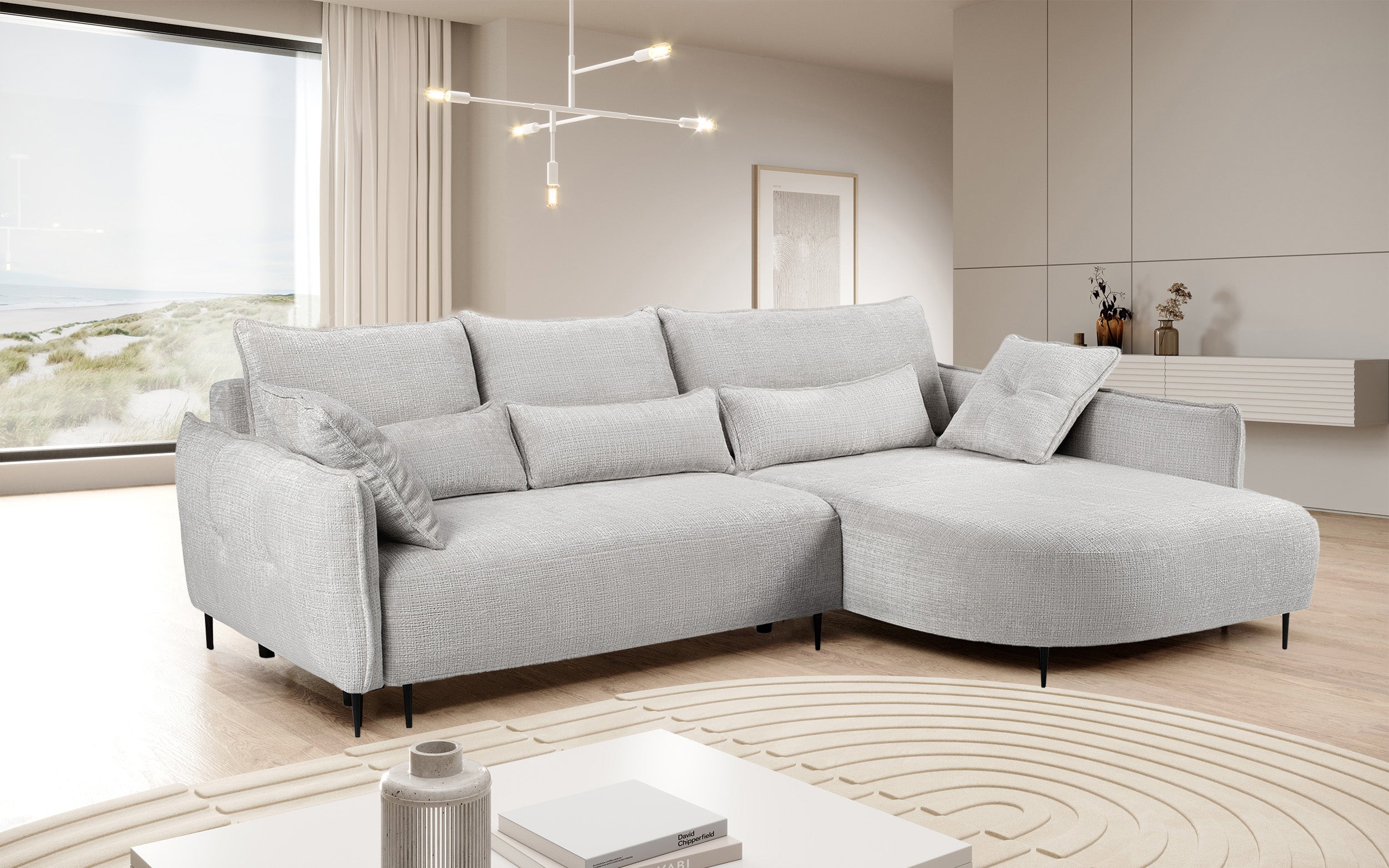 Ecksofa Oblivio mit Schlaffunktion, L-förmig, mit Stauraum, hellgrauer Chenille, rechtsseitig