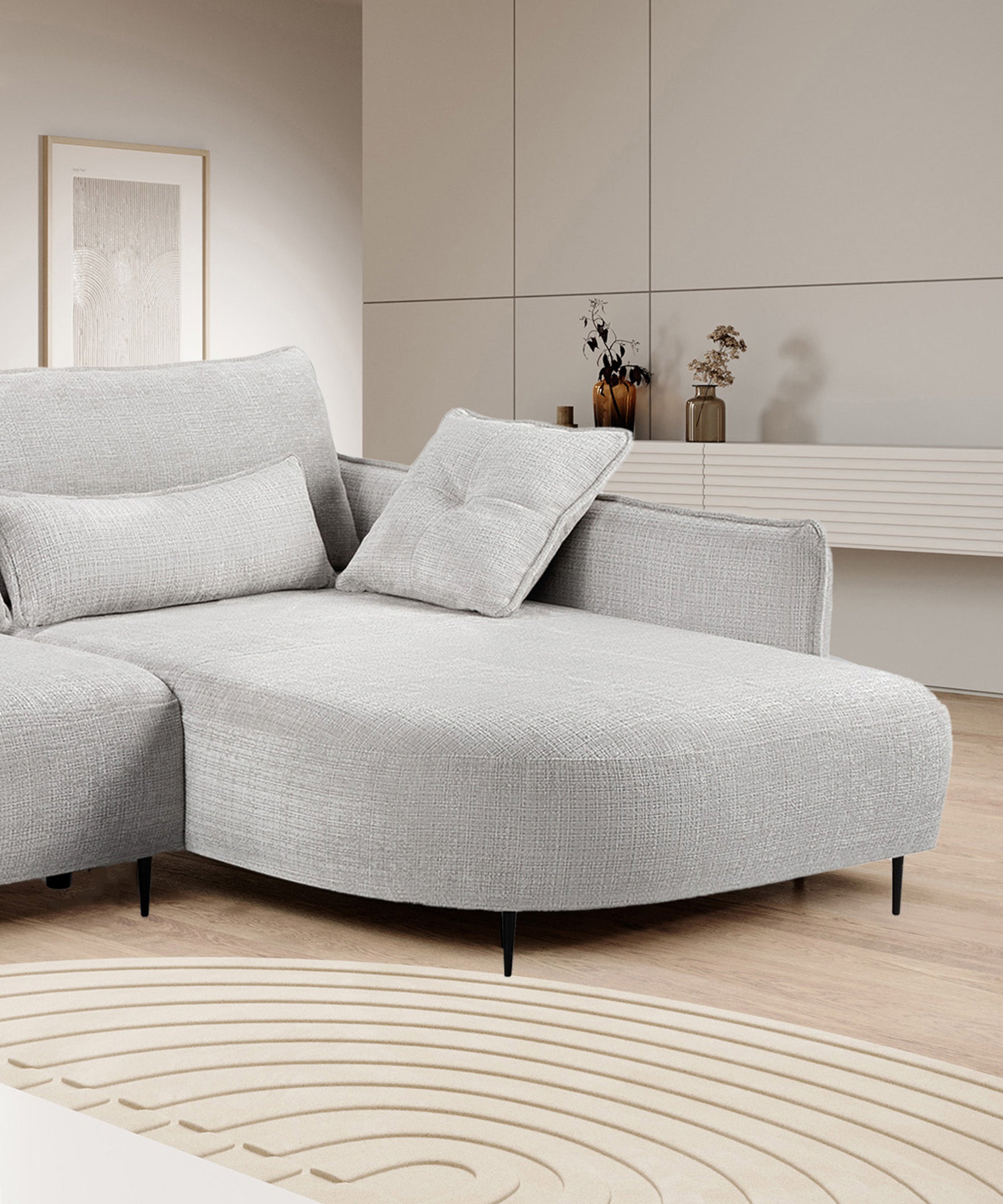 Ecksofa Oblivio mit Schlaffunktion, L-förmig, mit Stauraum, hellgrauer Chenille, rechtsseitig