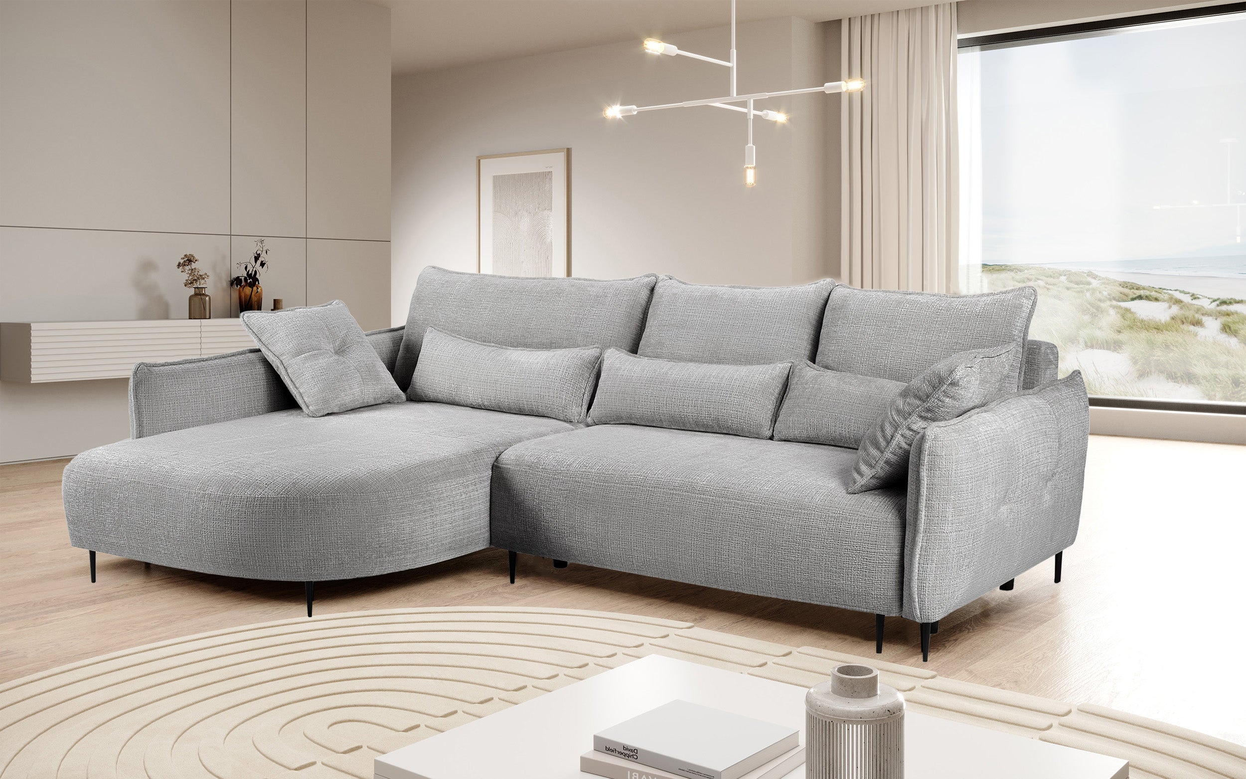 Ecksofa Oblivio mit Schlafunktion, L-förmig, mit Stauraum, grauer Chenille, linksseitig