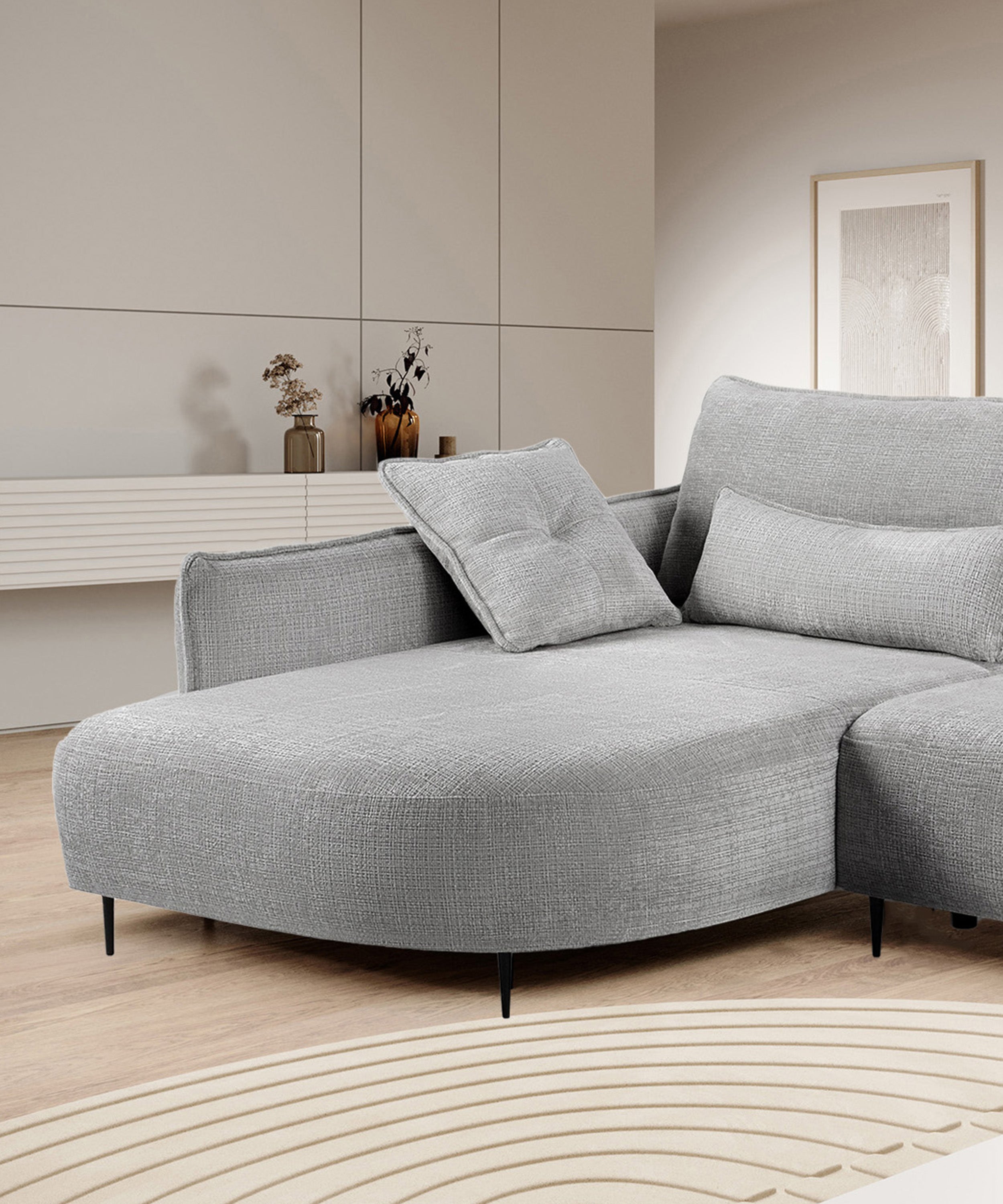 Ecksofa Oblivio mit Schlafunktion, L-förmig, mit Stauraum, grauer Chenille, linksseitig