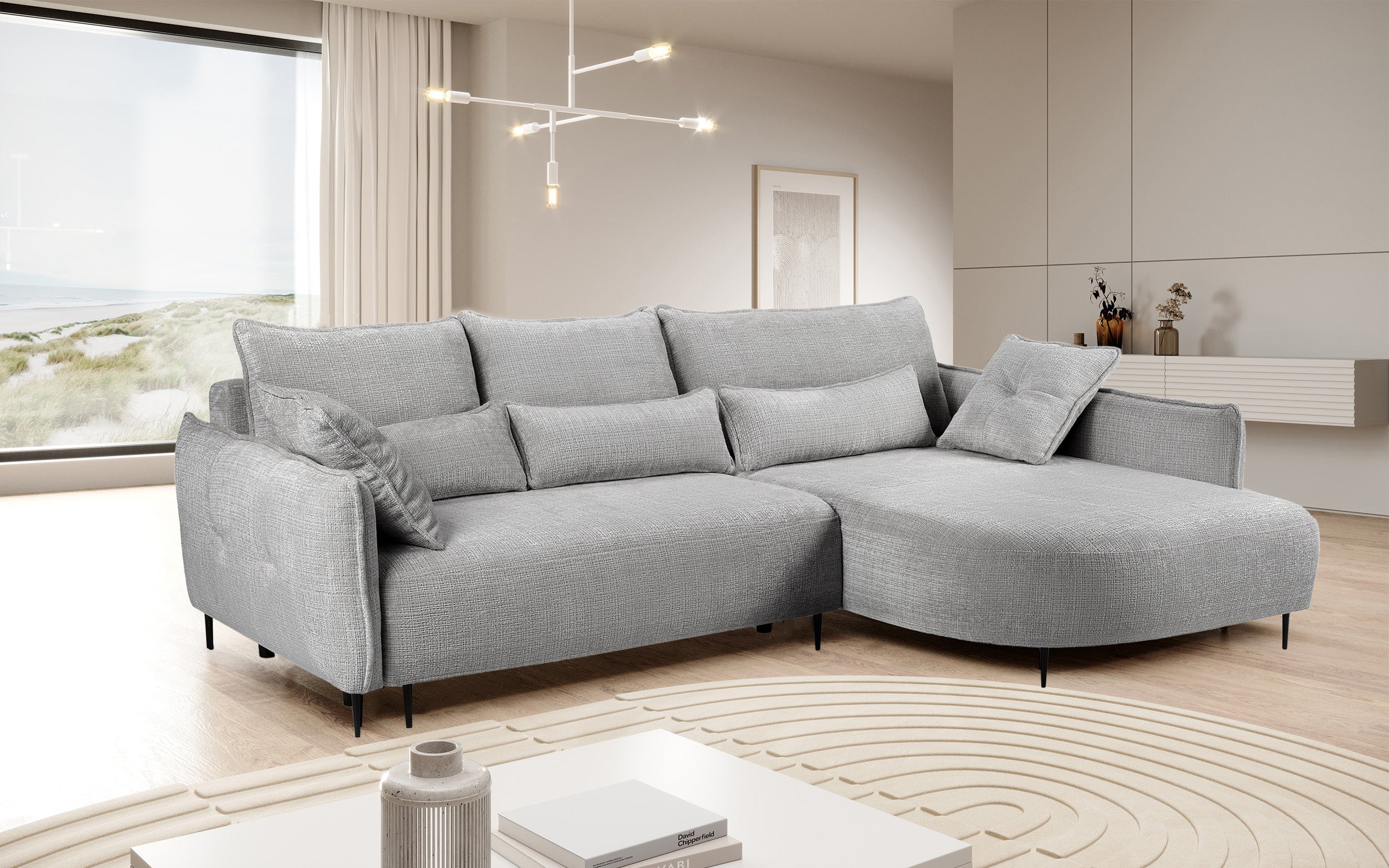 Ecksofa Oblivio mit Schlaffunktion, L-förmig, mit Stauraum, grauer Chenille-Stoff, rechtsseitig