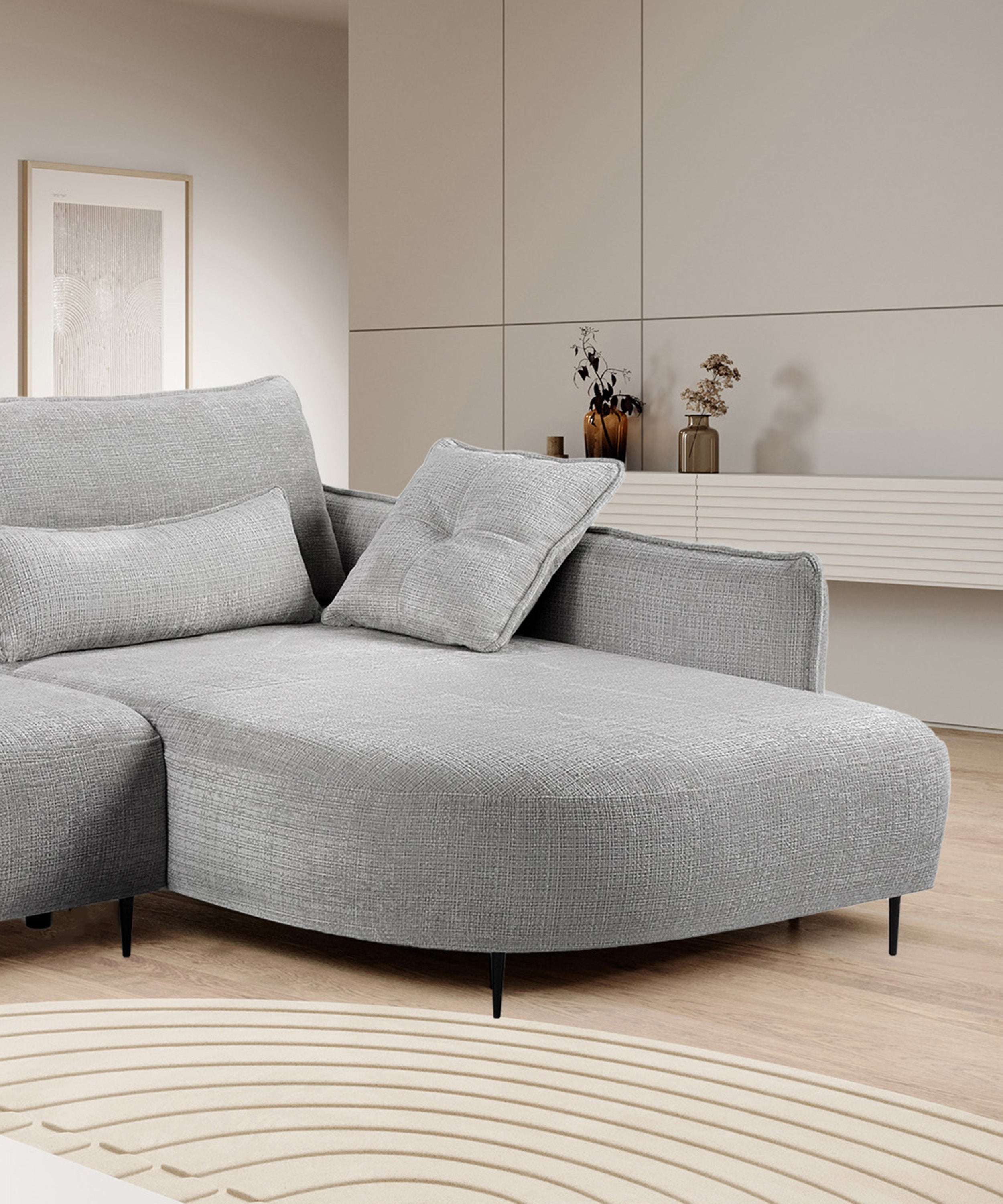 Ecksofa Oblivio mit Schlaffunktion, L-förmig, mit Stauraum, grauer Chenille-Stoff, rechtsseitig