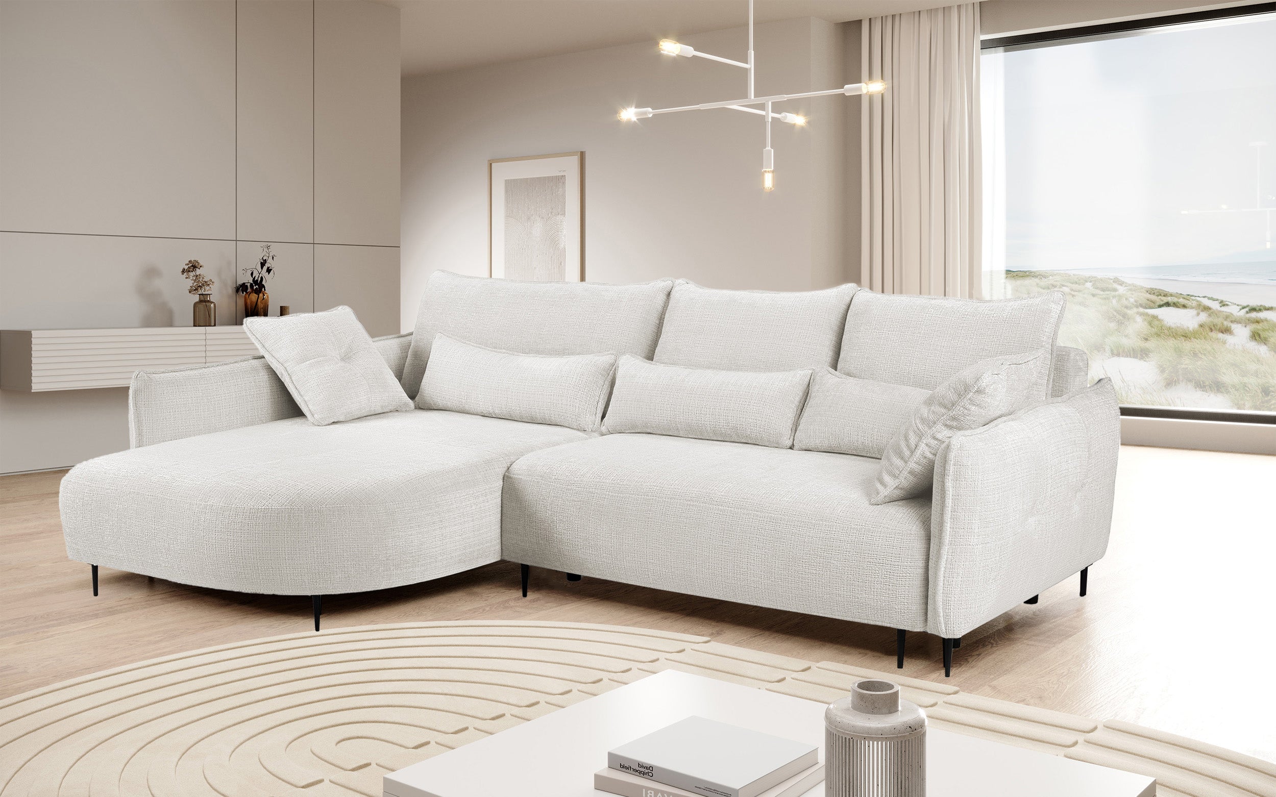Ecksofa Oblivio mit Schlaffunktion, L-förmig, mit Stauraum, cremefarbener Chenille, linksseitig
